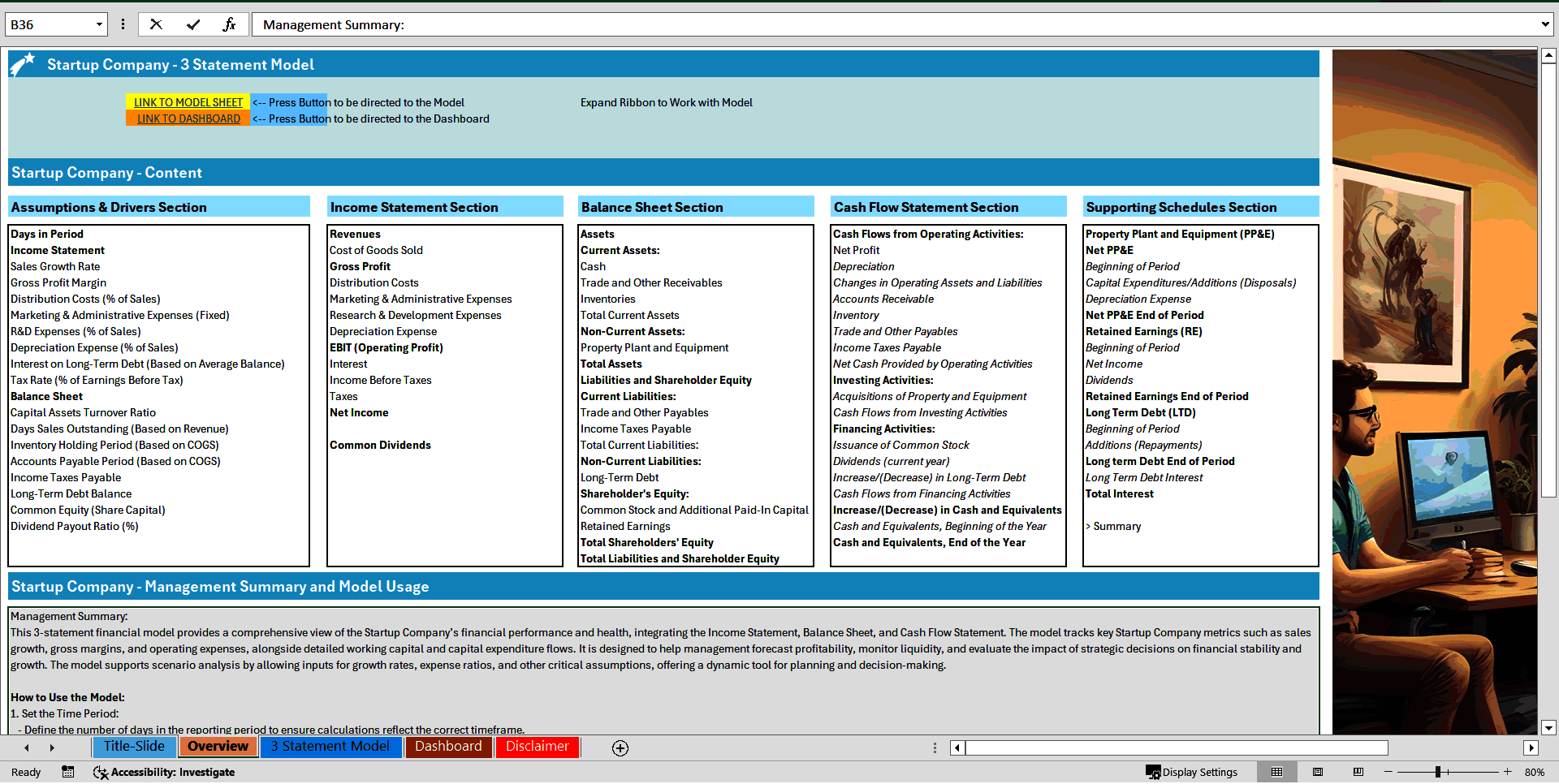Startup Company 3 Statement Financial Model (Excel template (XLSX)) Preview Image