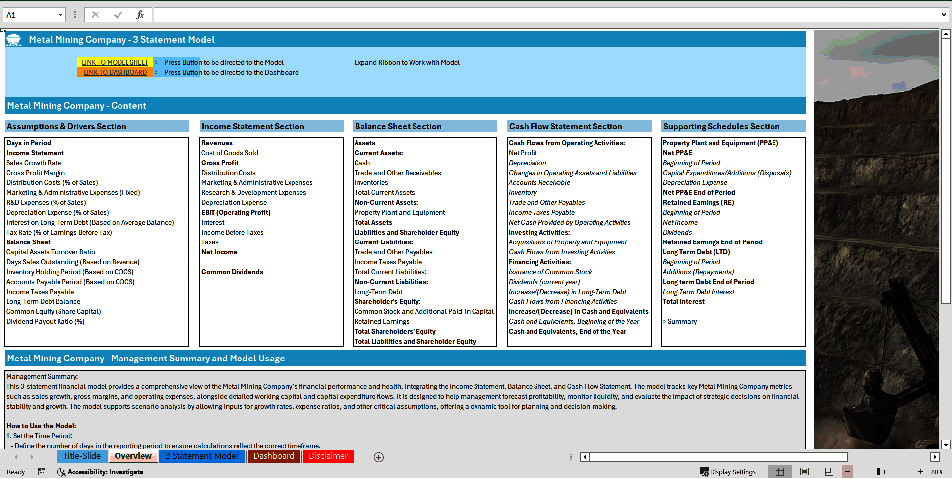 Metal Mining Company 3 Statement Financial Model (Excel template (XLSX)) Preview Image