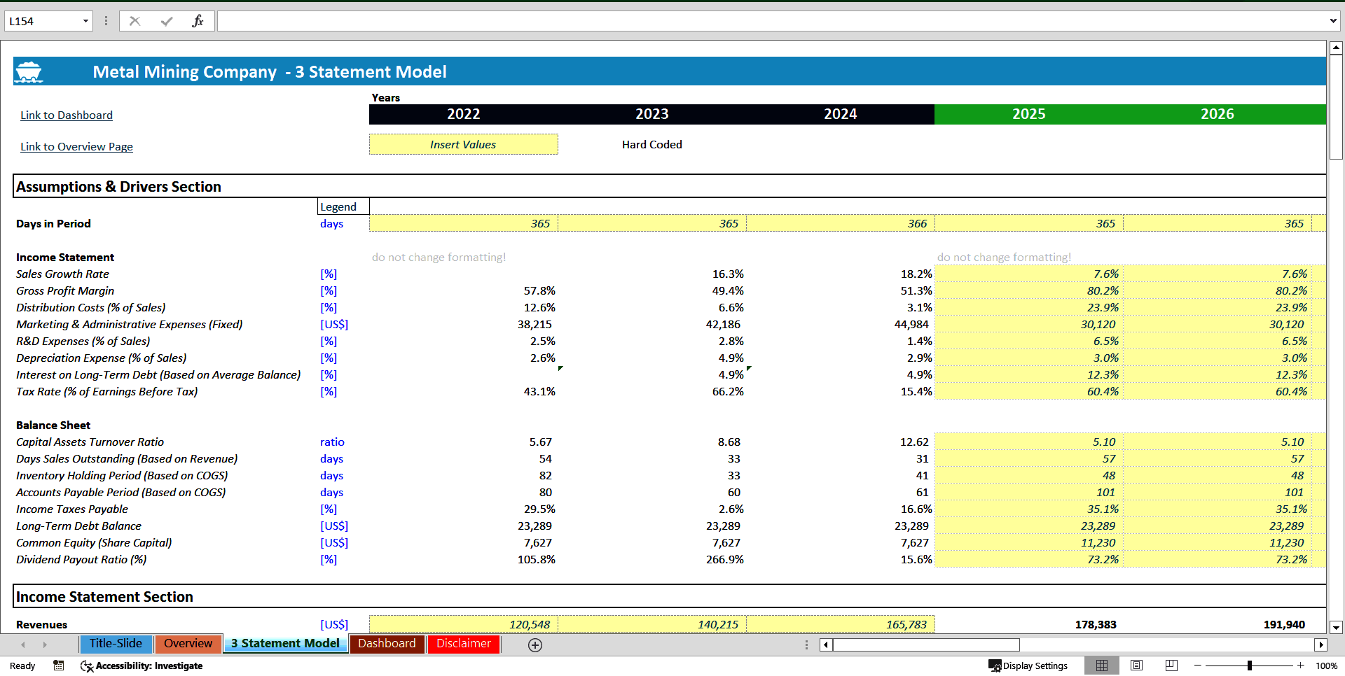 Metal Mining Company 3 Statement Financial Model (Excel template (XLSX)) Preview Image