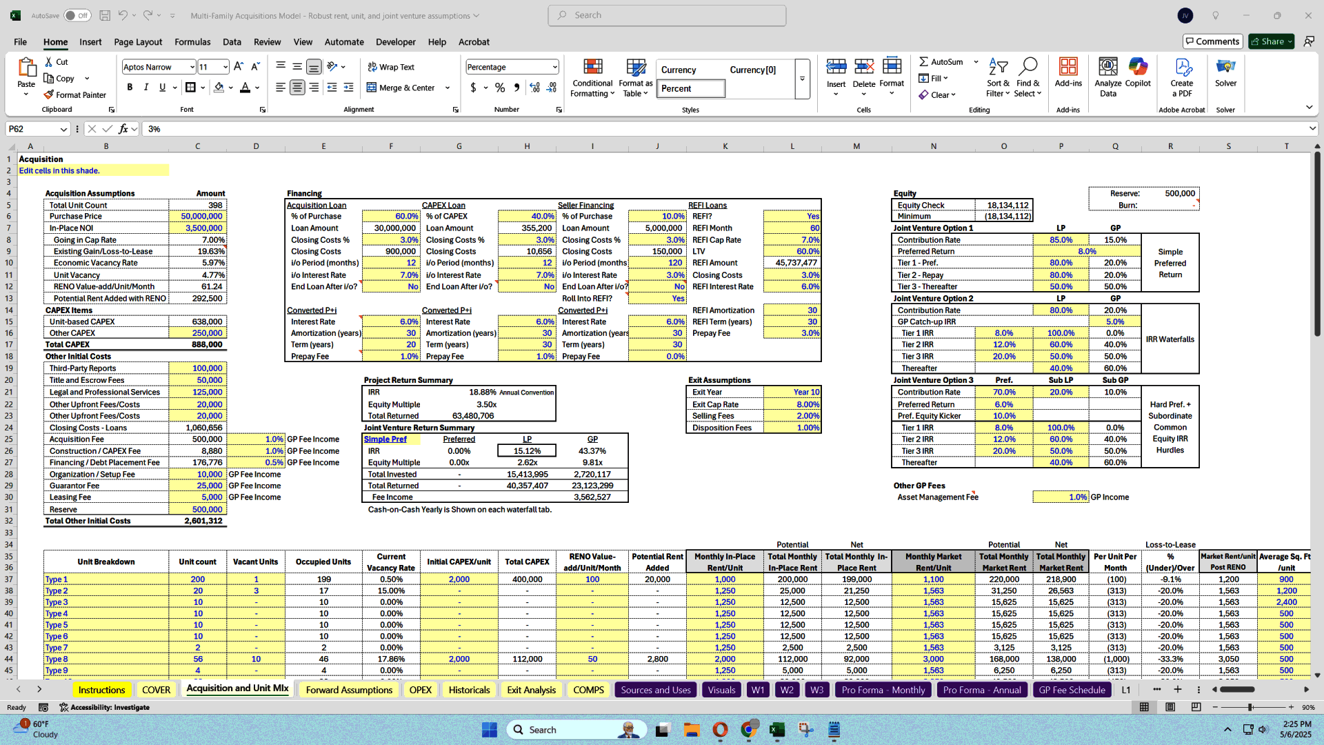 Multi-family Acquisitions Model - Includes Waterfall (Excel template (XLSX)) Preview Image