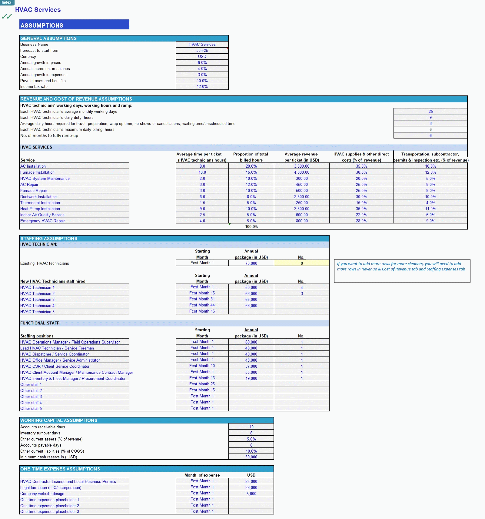 HVAC Services Financial Forecast Model (Excel template (XLSX)) Preview Image