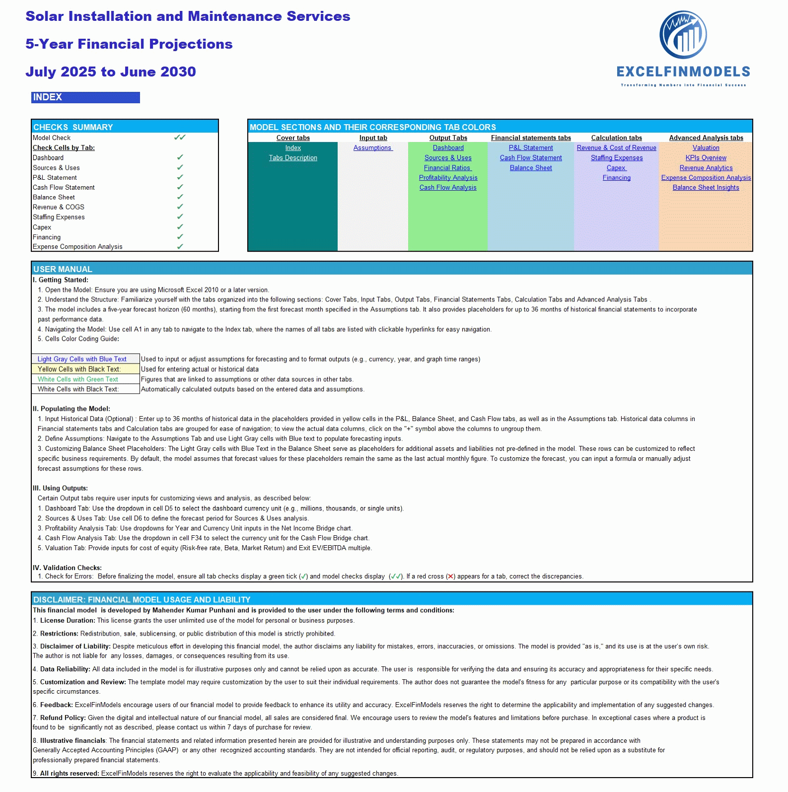 Solar Installation and Maintenance Services Financial Model (Excel template (XLSX)) Preview Image
