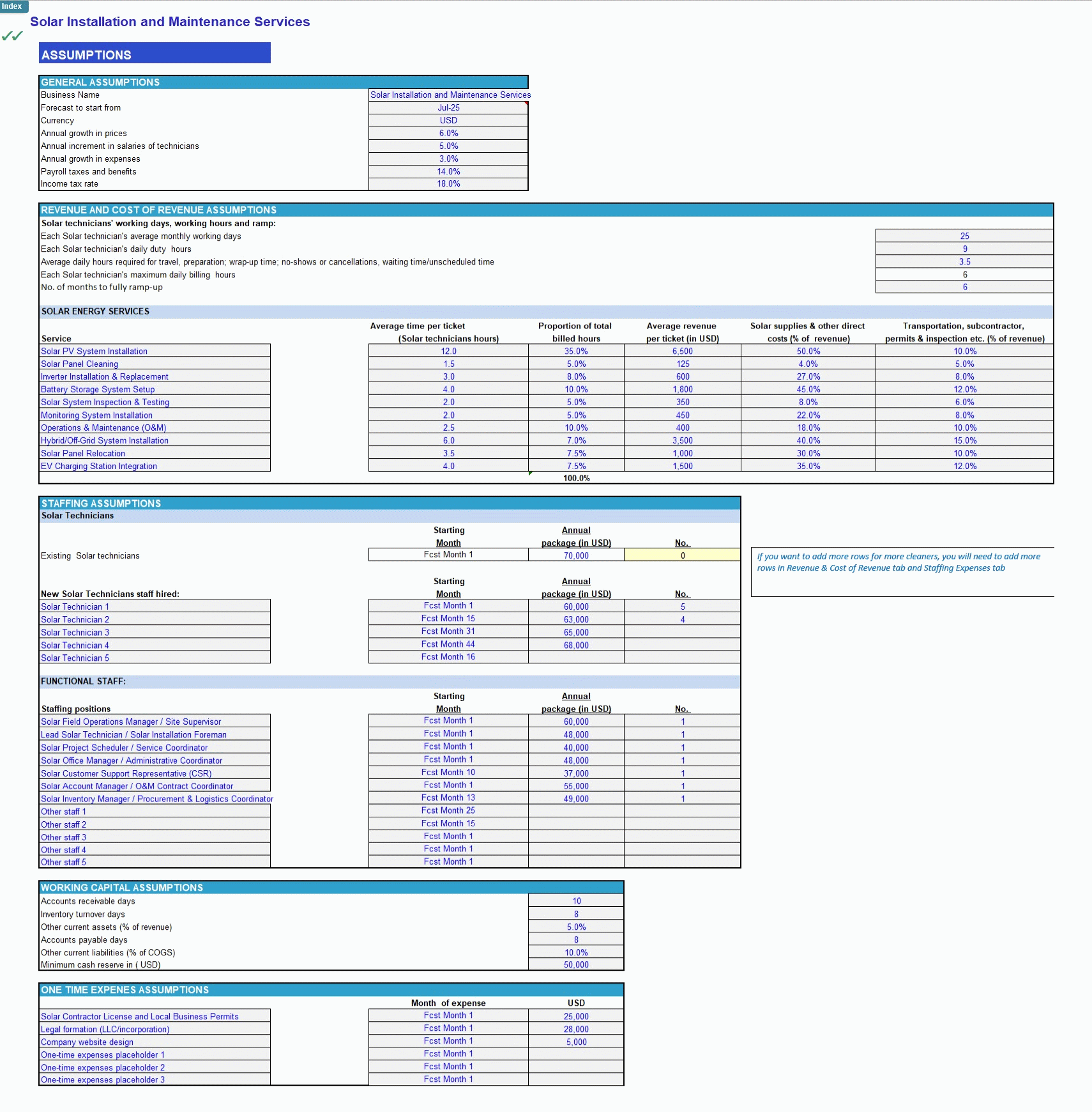 Solar Installation and Maintenance Services Financial Model (Excel template (XLSX)) Preview Image