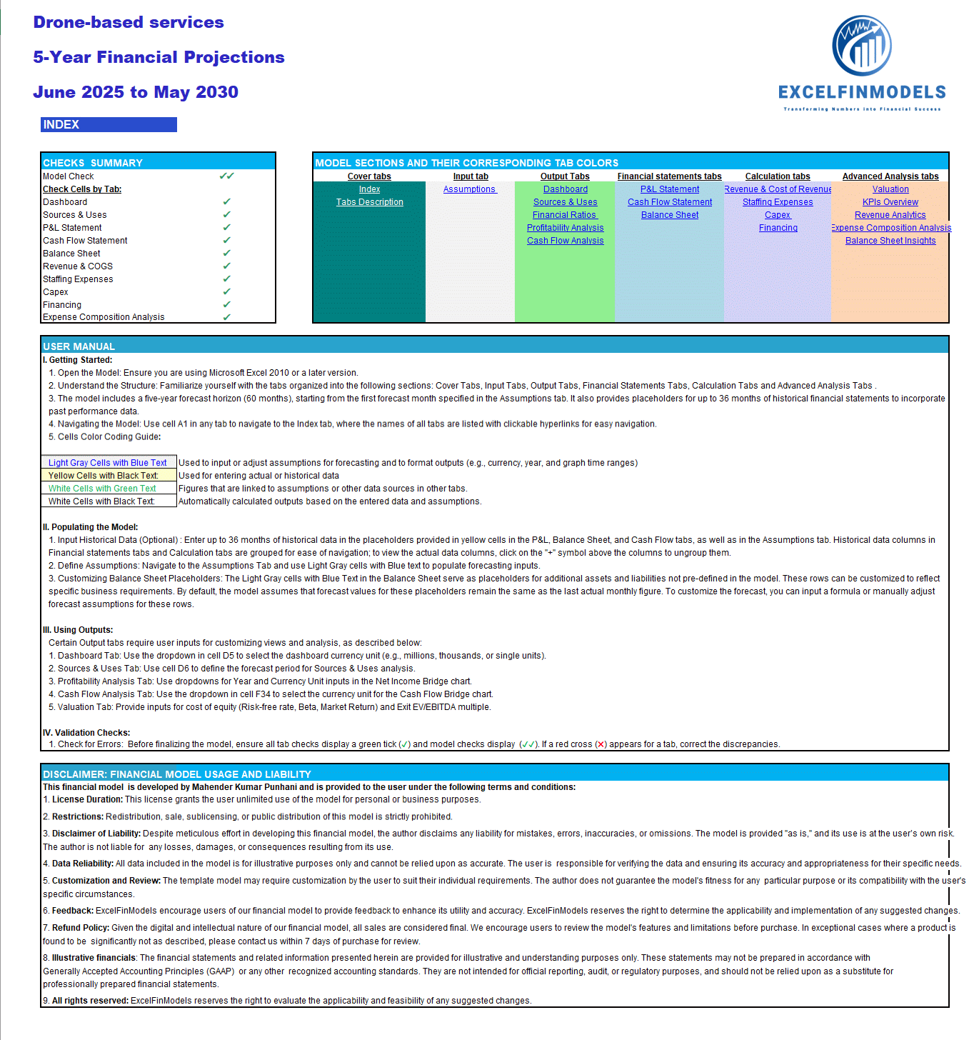 Drone (Unmanned Aerial Vehicle) Services Financial Model (Excel template (XLSX)) Preview Image