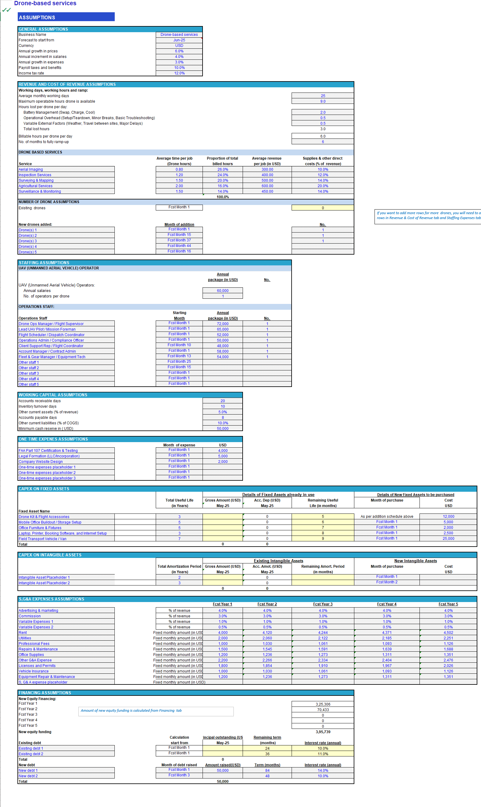 Drone (Unmanned Aerial Vehicle) Services Financial Model (Excel template (XLSX)) Preview Image