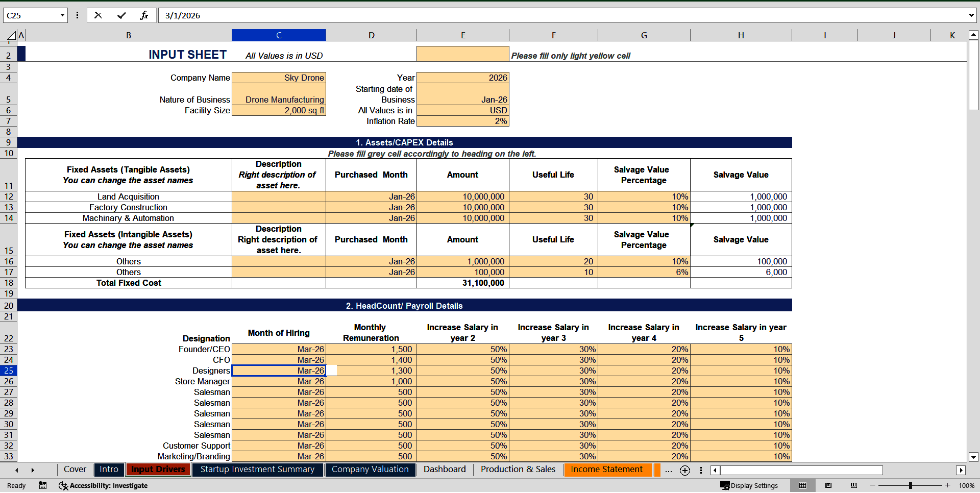 Drone Manufacturing Financial Projection Model (Excel template (XLSX)) Preview Image
