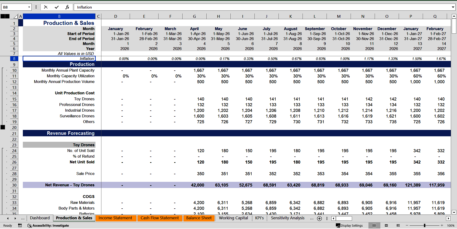 Drone Manufacturing Financial Projection Model (Excel template (XLSX)) Preview Image