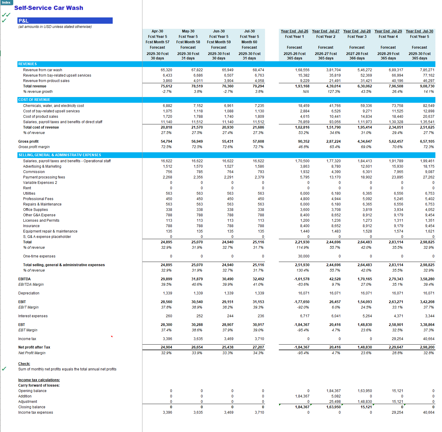 Self-Service Cash Wash  Financial Forecast Model (Excel template (XLSX)) Preview Image