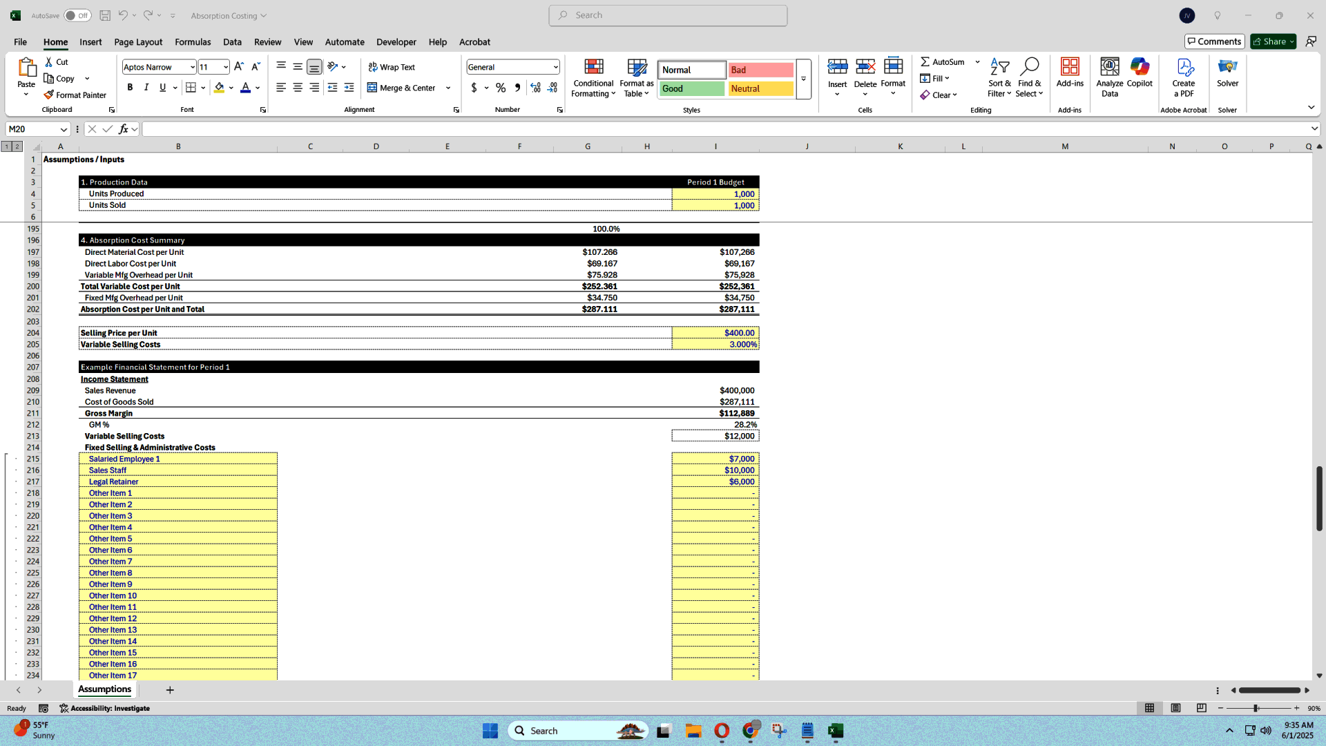 Absorption Costing Model Template: Full-Cost Accounting (Excel template (XLSX)) Preview Image