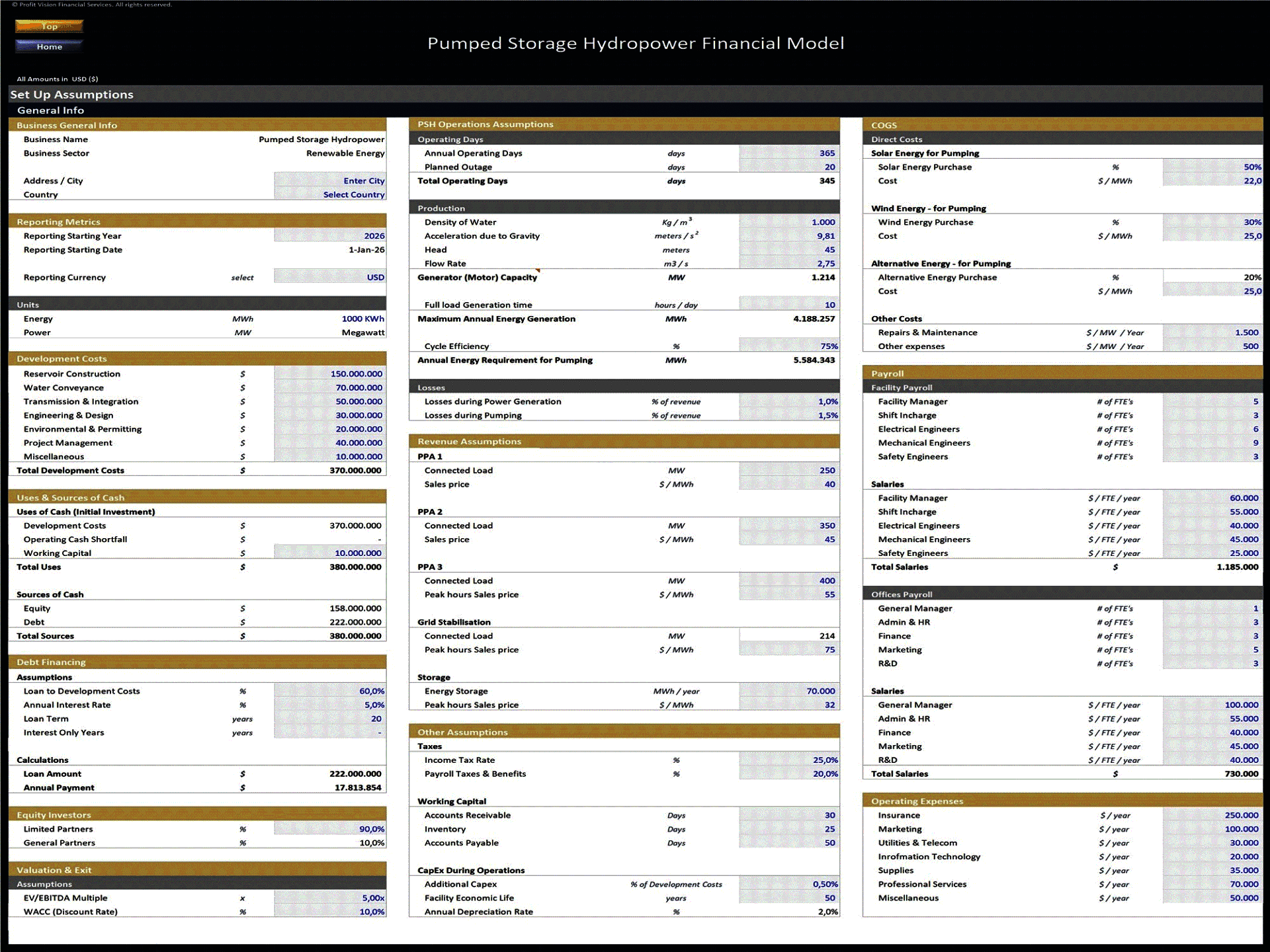 Pumped Storage Hydropower Plant – 10 Year Financial Model (Excel template (XLSX)) Preview Image