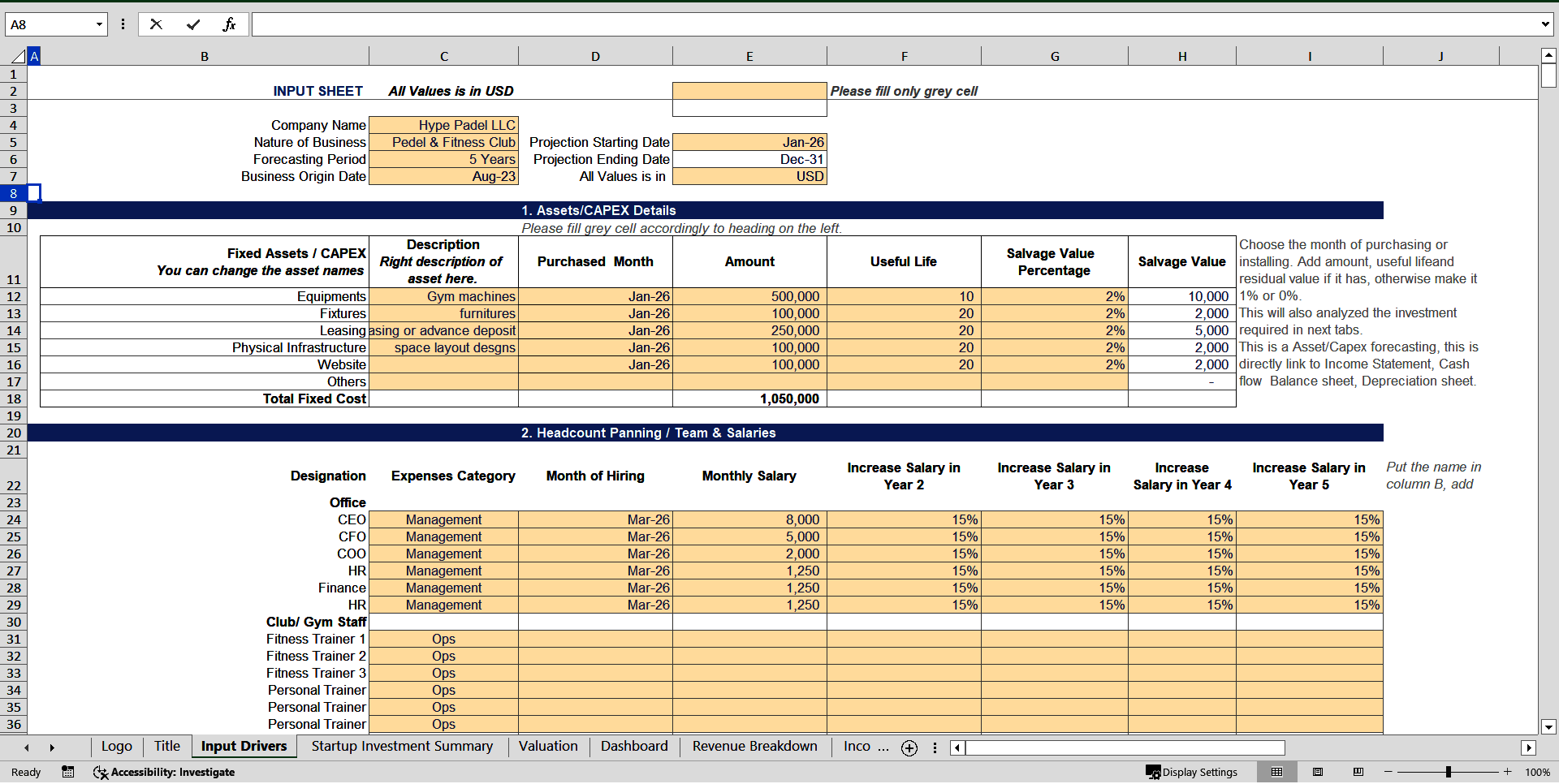 Padel Club Financial Projection Model (Excel template (XLSX)) Preview Image