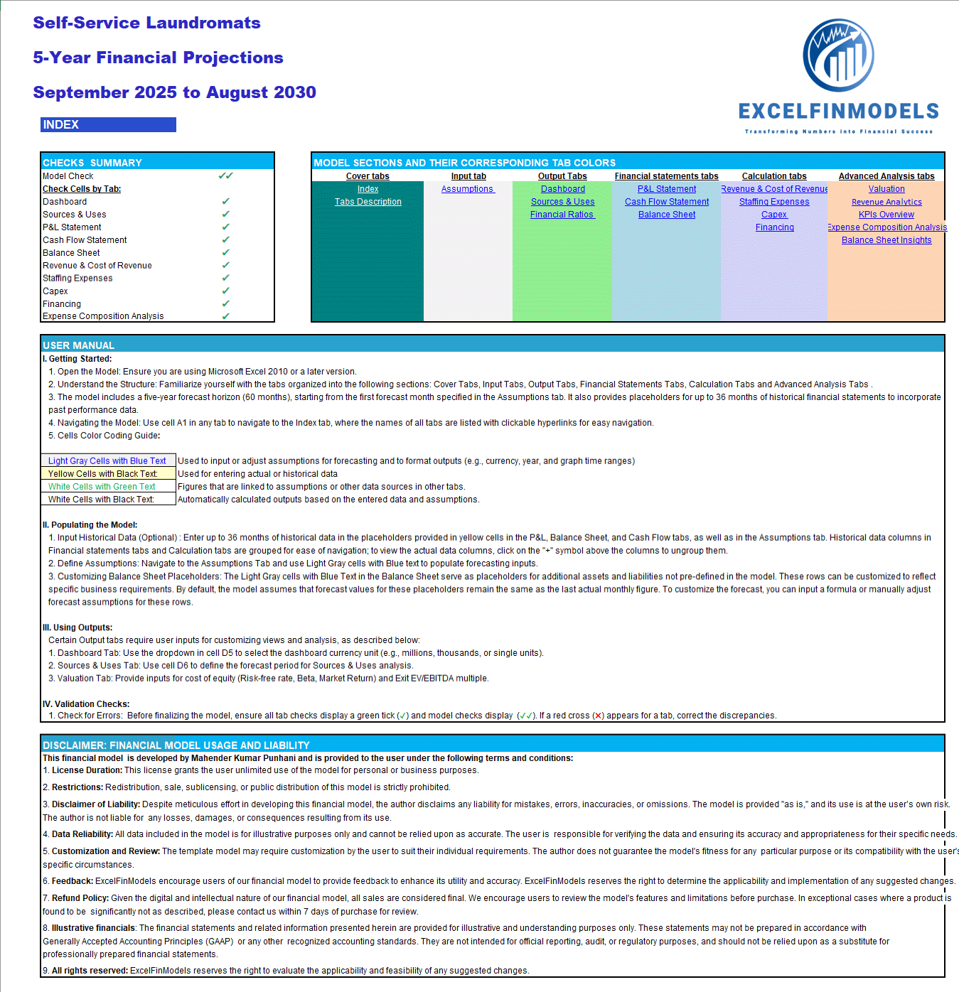 Self-Service Laundromats (Laundry) Financial Forecast Model (Excel template (XLSX)) Preview Image