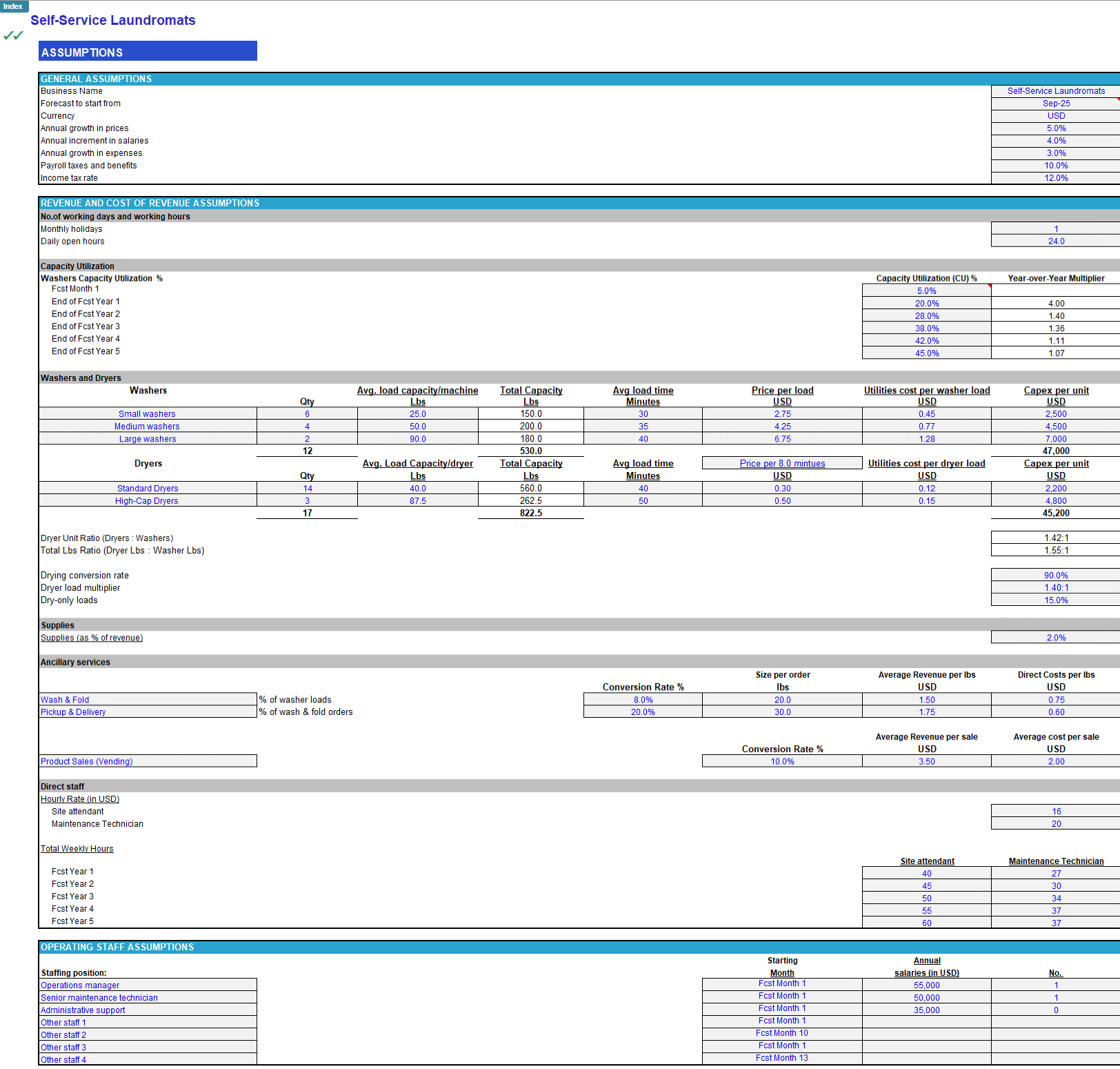 Self-Service Laundromats (Laundry) Financial Forecast Model (Excel template (XLSX)) Preview Image