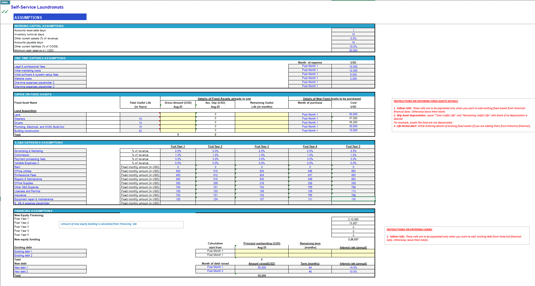 Self-Service Laundromats (Laundry) Financial Forecast Model (Excel template (XLSX)) Preview Image
