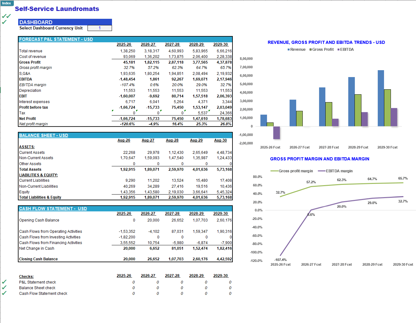 Self-Service Laundromats (Laundry) Financial Forecast Model (Excel template (XLSX)) Preview Image