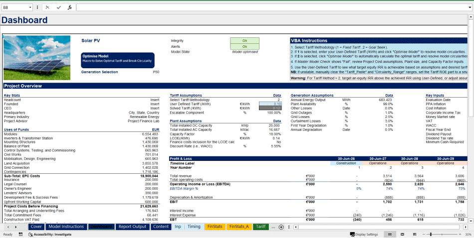 Solar (PV) Project Finance Model with Tariff Optimiser (Excel template (XLSB)) Preview Image