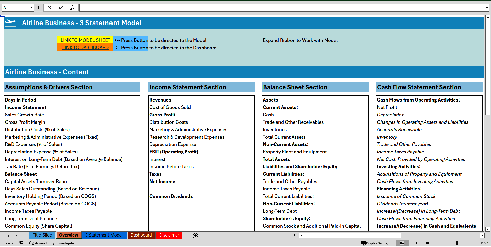 Airline Business 3 Statement Financial Model (Excel template (XLSX)) Preview Image