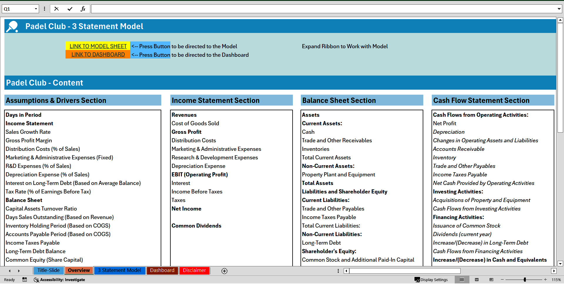 Padel Club 3 Statement Financial Model (Excel template (XLSX)) Preview Image