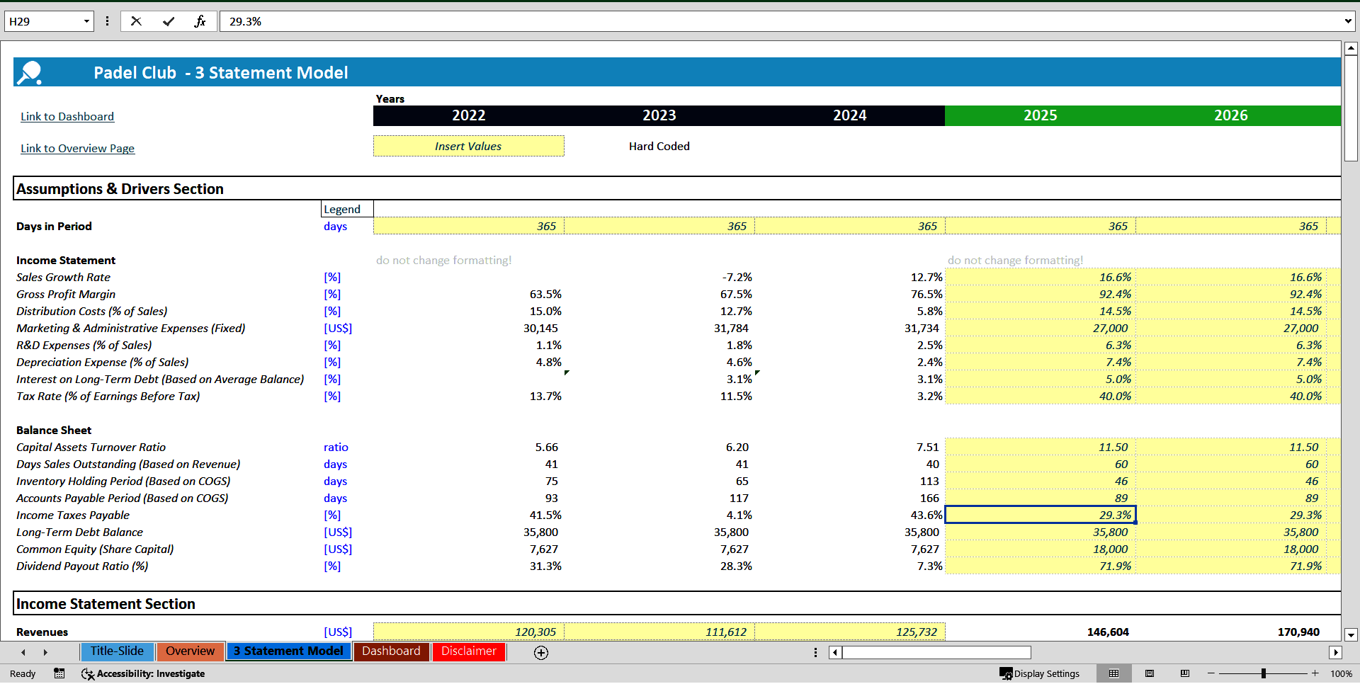 Padel Club 3 Statement Financial Model (Excel template (XLSX)) Preview Image