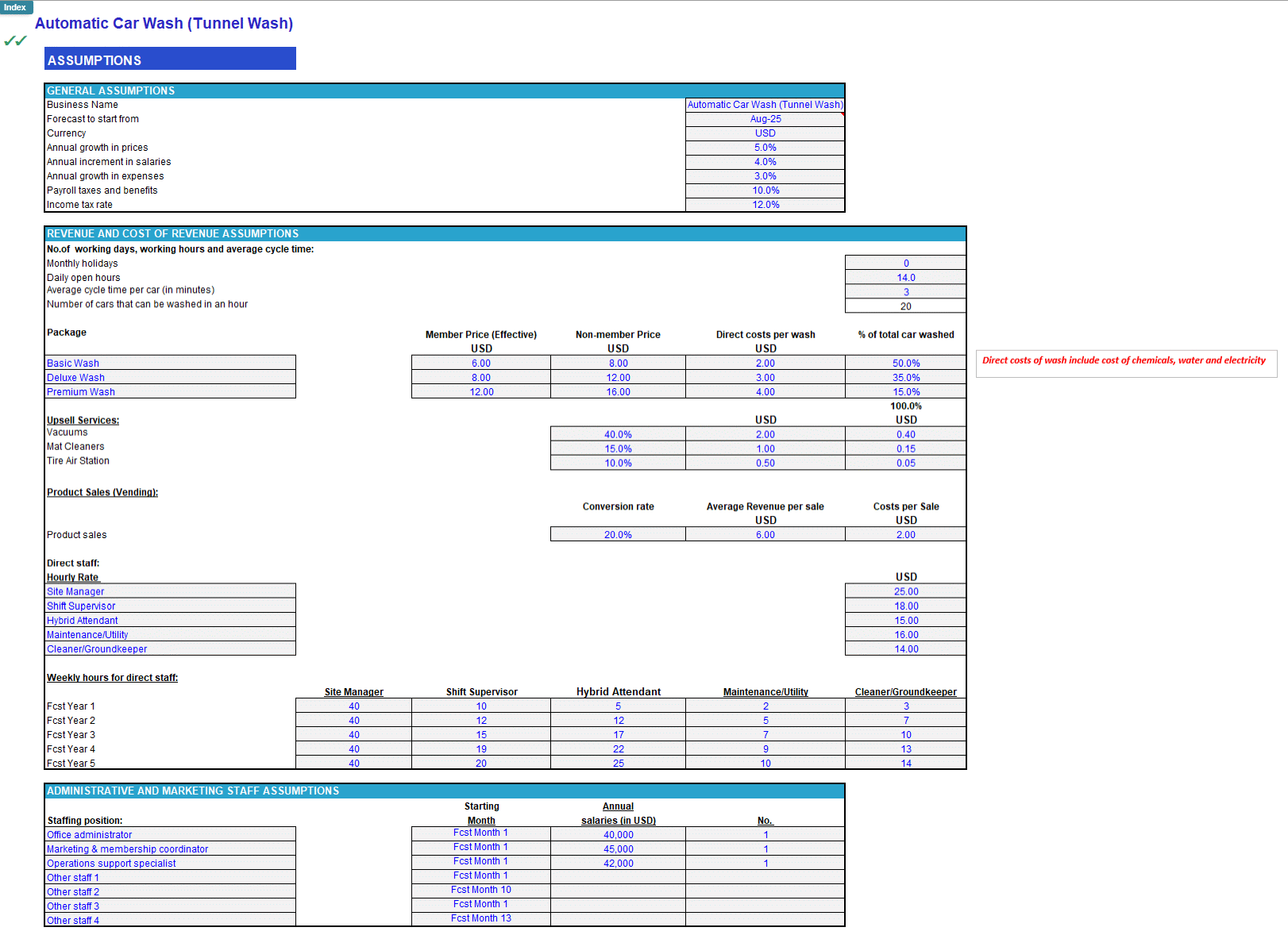 Car Wash (Automatic Tunnel) Financial Forecast Model (Excel template (XLSX)) Preview Image