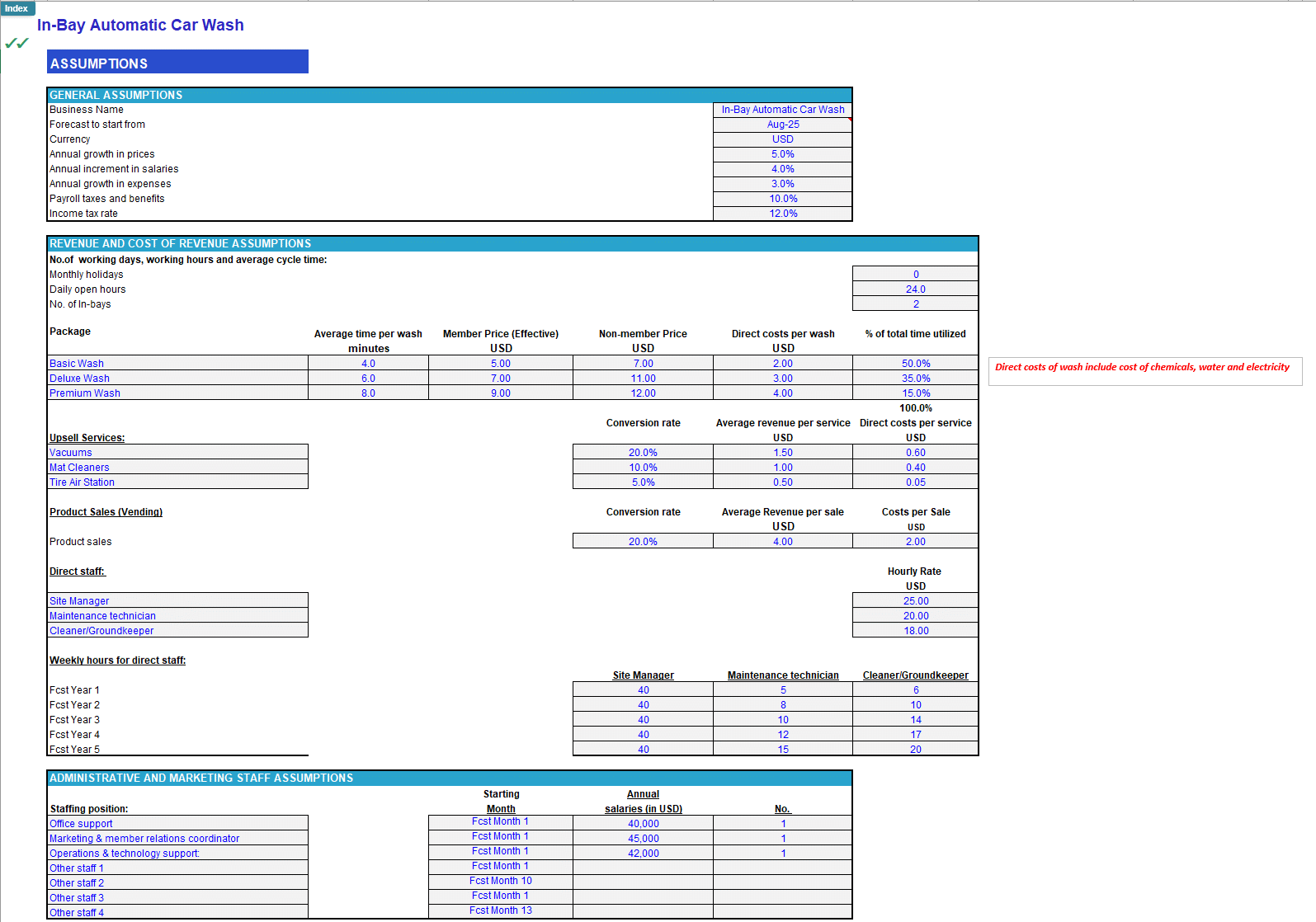 In-Bay Automatic Car Wash Financial Forecast Model (Excel template (XLSX)) Preview Image