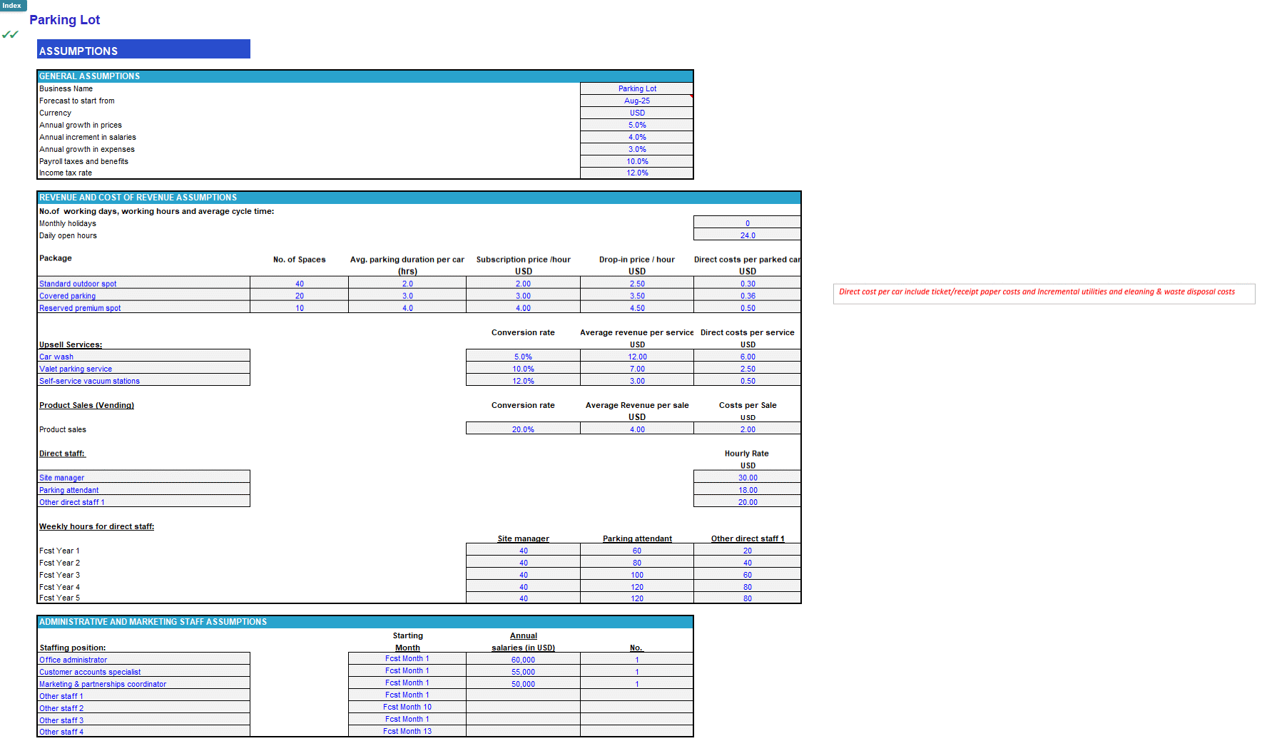 Parking Lot Financial Forecast Model (Excel template (XLSX)) Preview Image