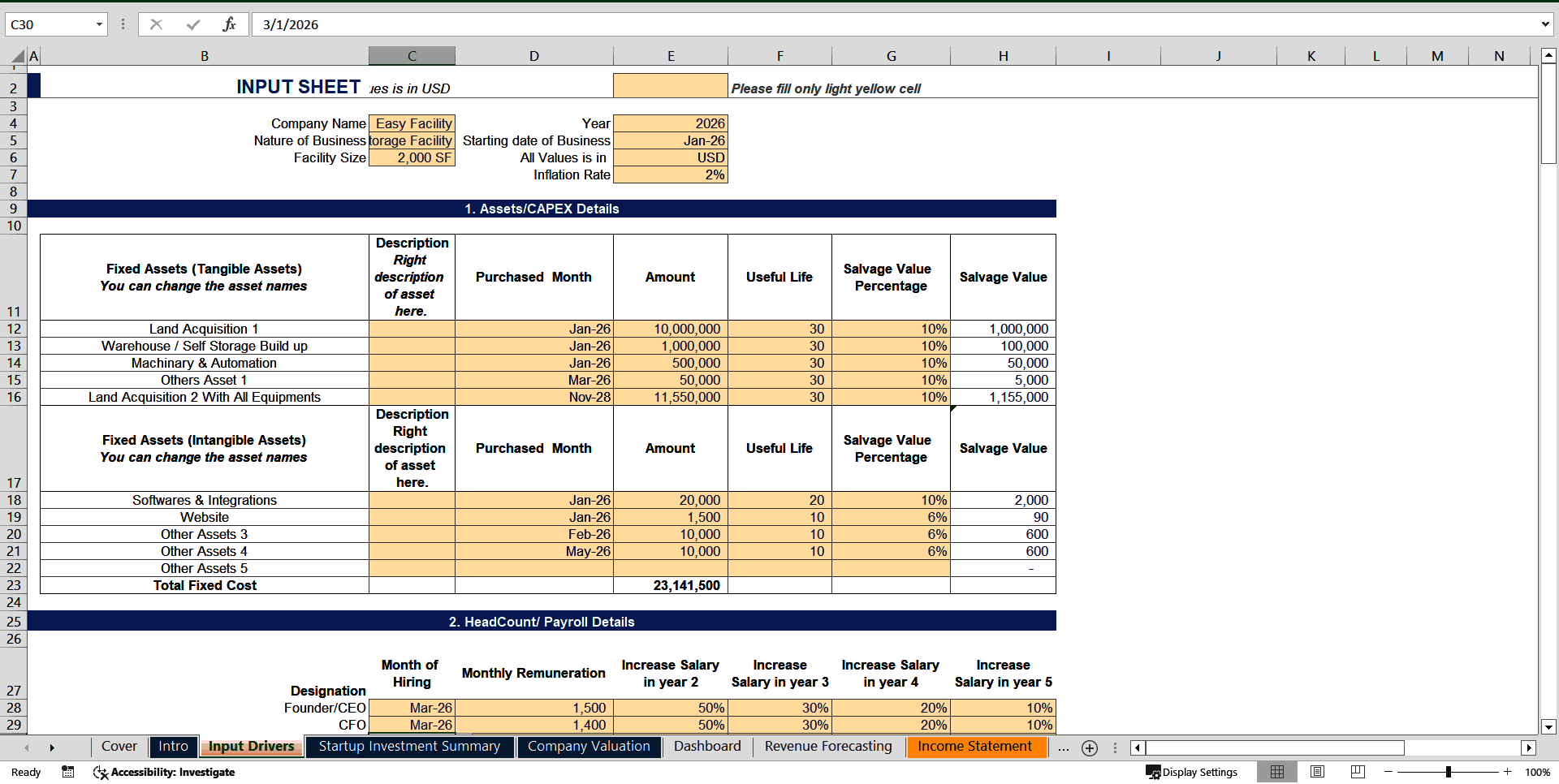 Ready To Use Self Storage Facility Financial Model Template (Excel template (XLSX)) Preview Image