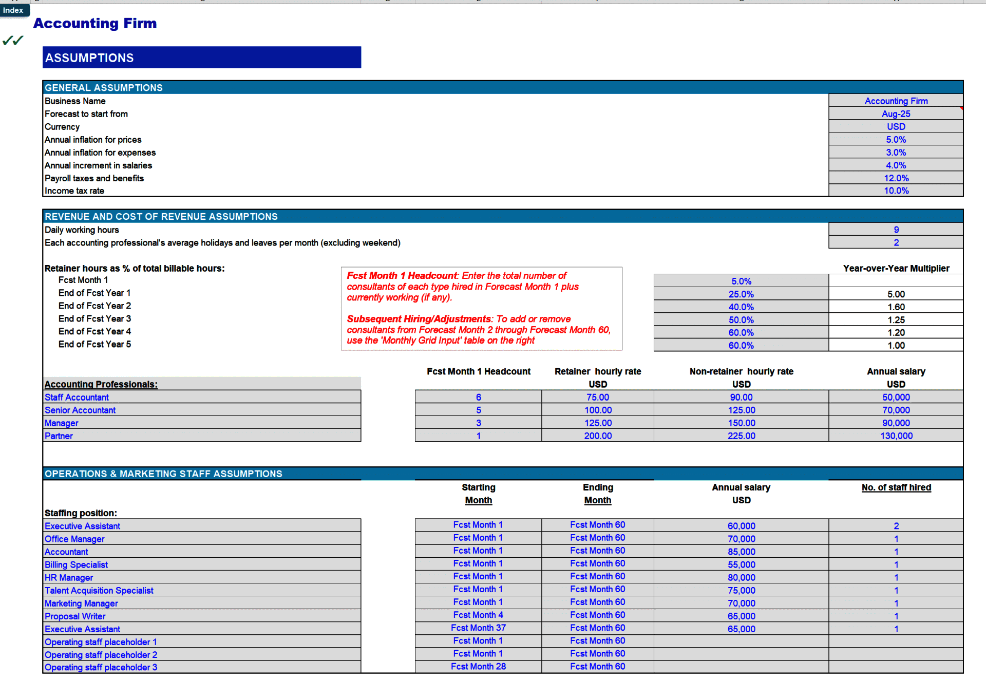 Accounting Firm Financial Forecast Model (Excel template (XLSX)) Preview Image