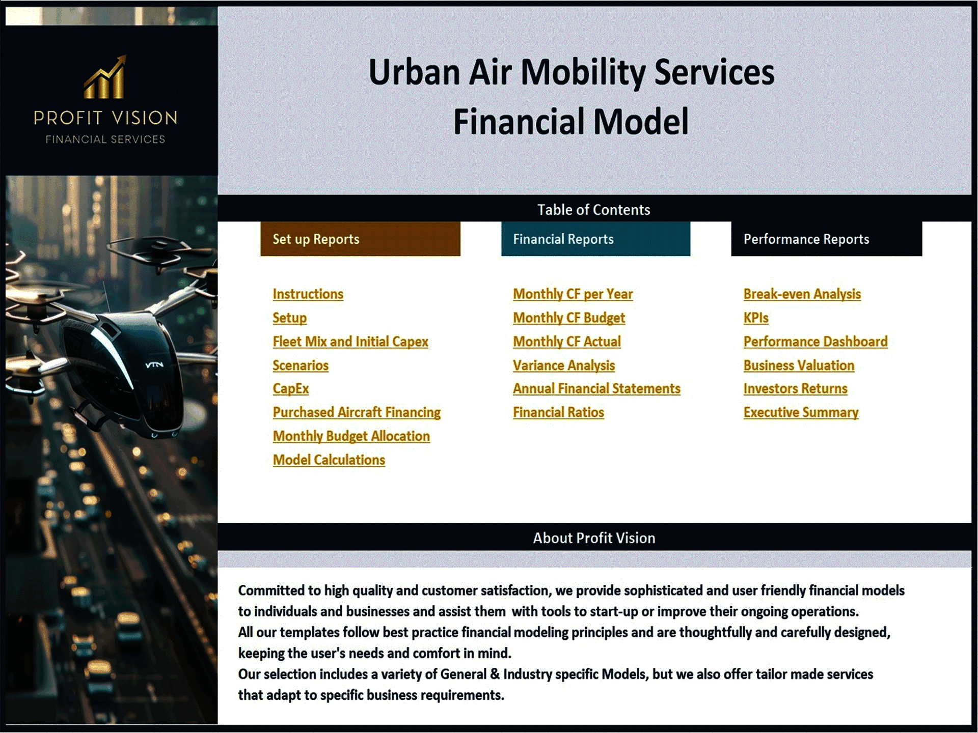 Urban Air Mobility Services – 10 Year Financial Model (Excel template (XLSX)) Preview Image