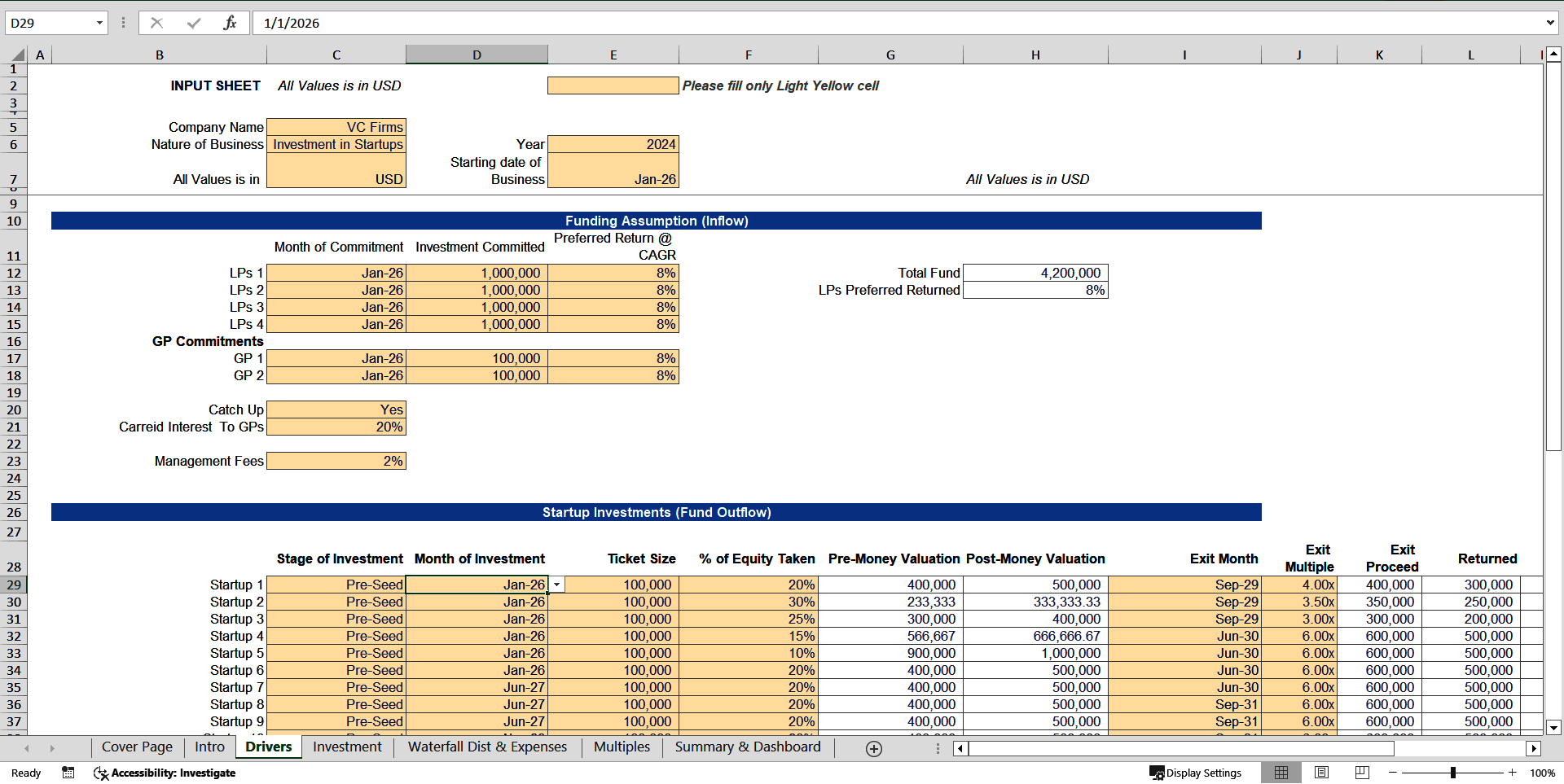 Fund Distribution Waterfall Model with Carried Interest (Excel template (XLSX)) Preview Image