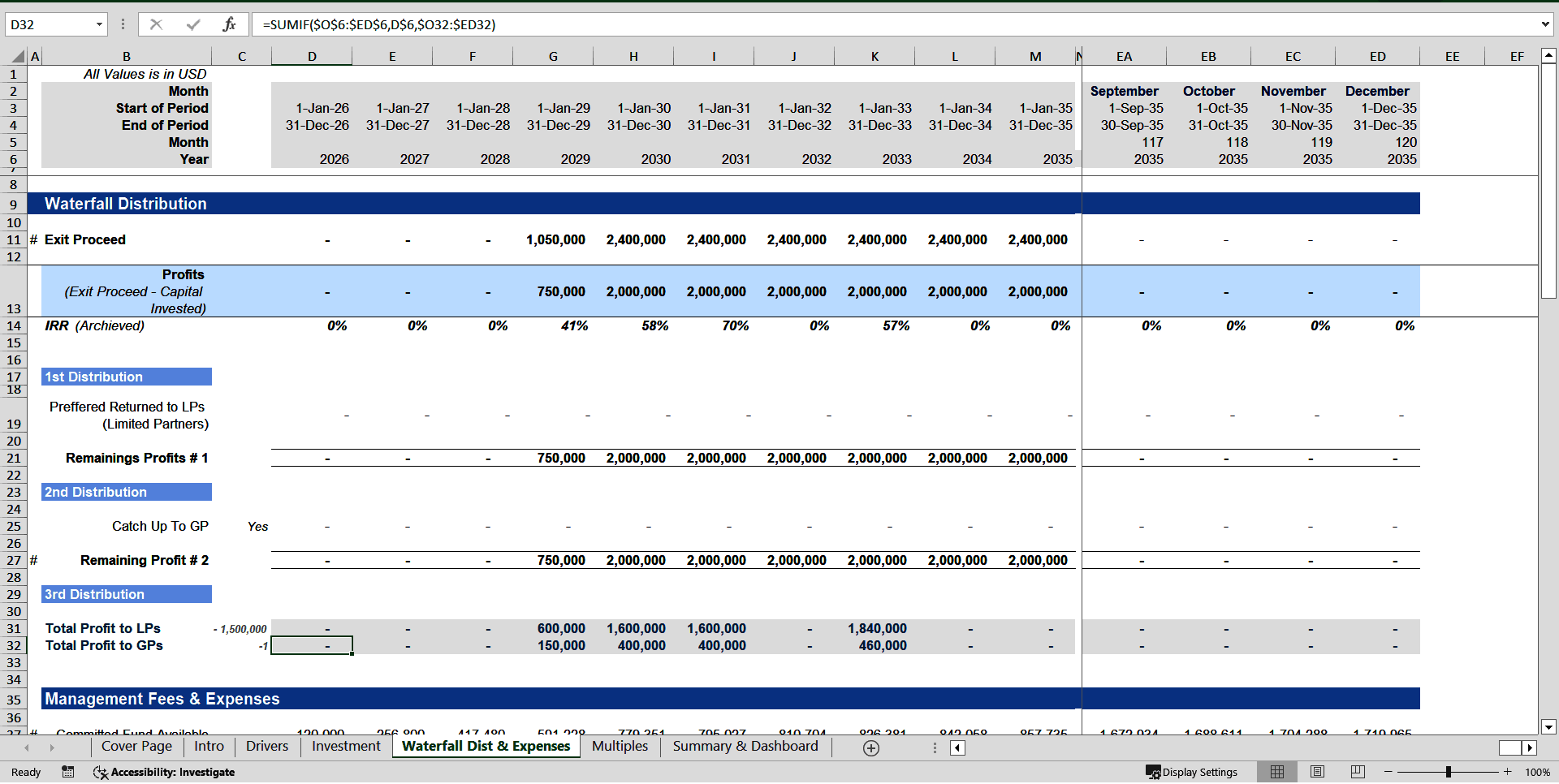 Fund Distribution Waterfall Model with Carried Interest (Excel template (XLSX)) Preview Image