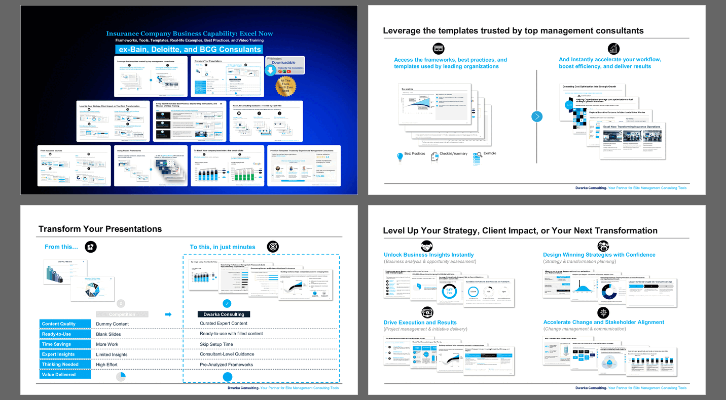 Insurance Company Business Capability: Excel Now (112-slide PPT PowerPoint presentation slide deck (PPTX)) Preview Image