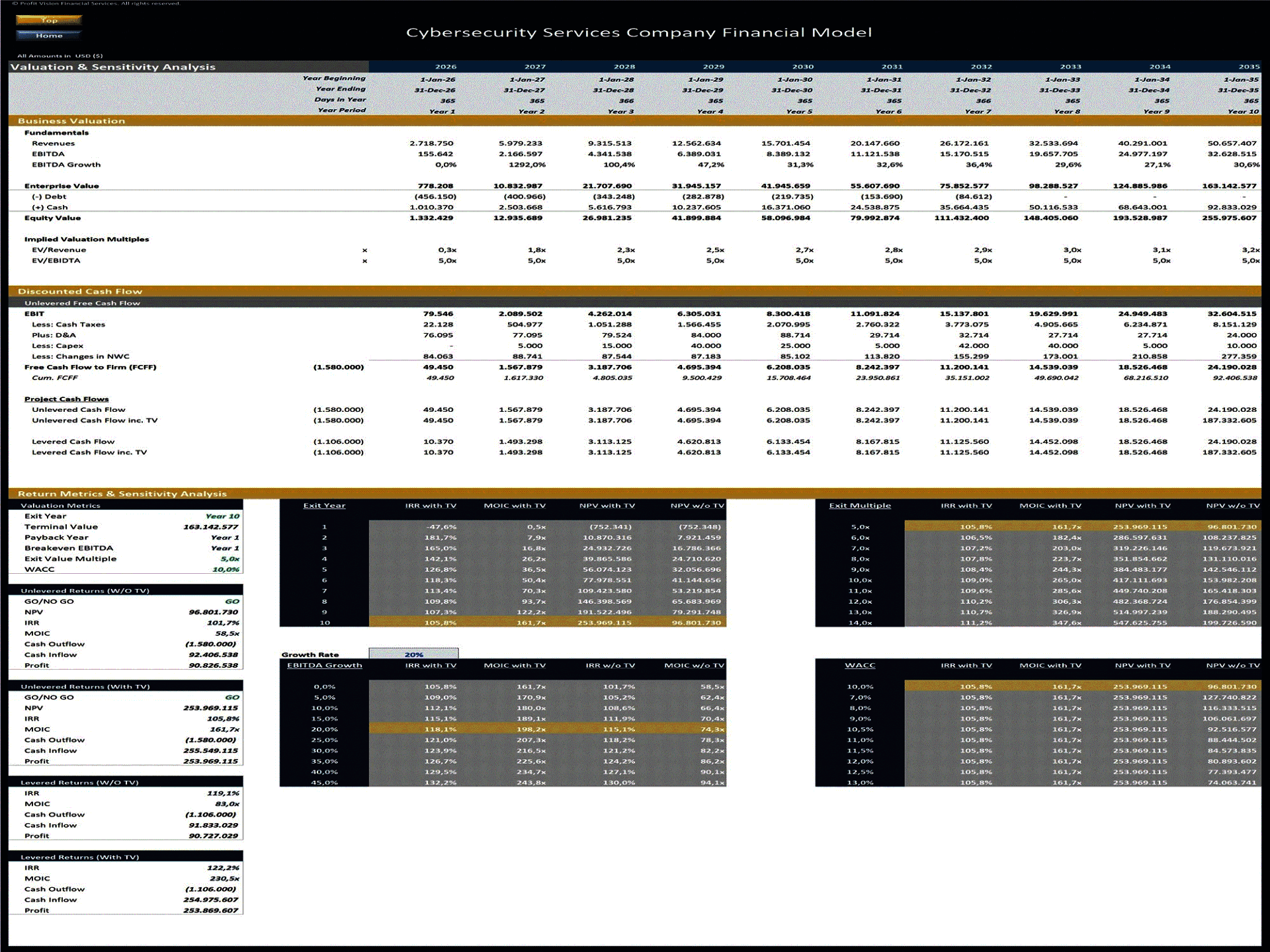 Cybersecurity Services Company – 10 Year Financial Model (Excel template (XLSX)) Preview Image