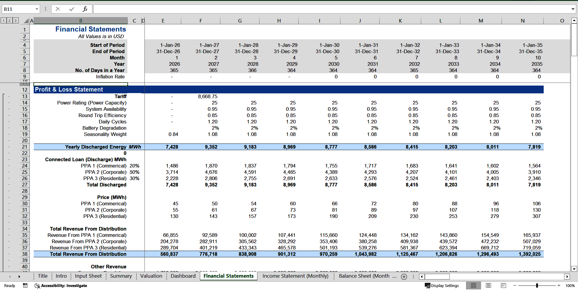 Energy Storage Revenue Projections Model (BESS) (Excel template (XLSX)) Preview Image
