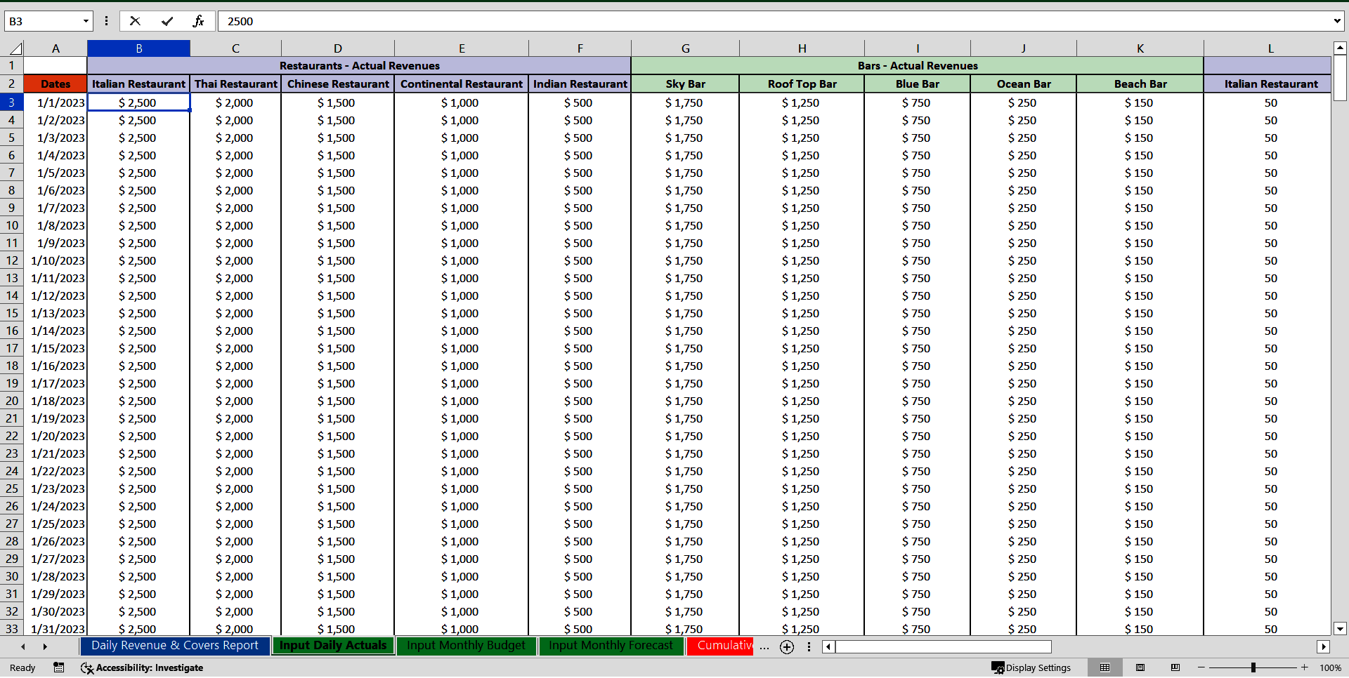 Restaurant & Bar Daily Revenue & Covers Report (Excel template (XLSX)) Preview Image