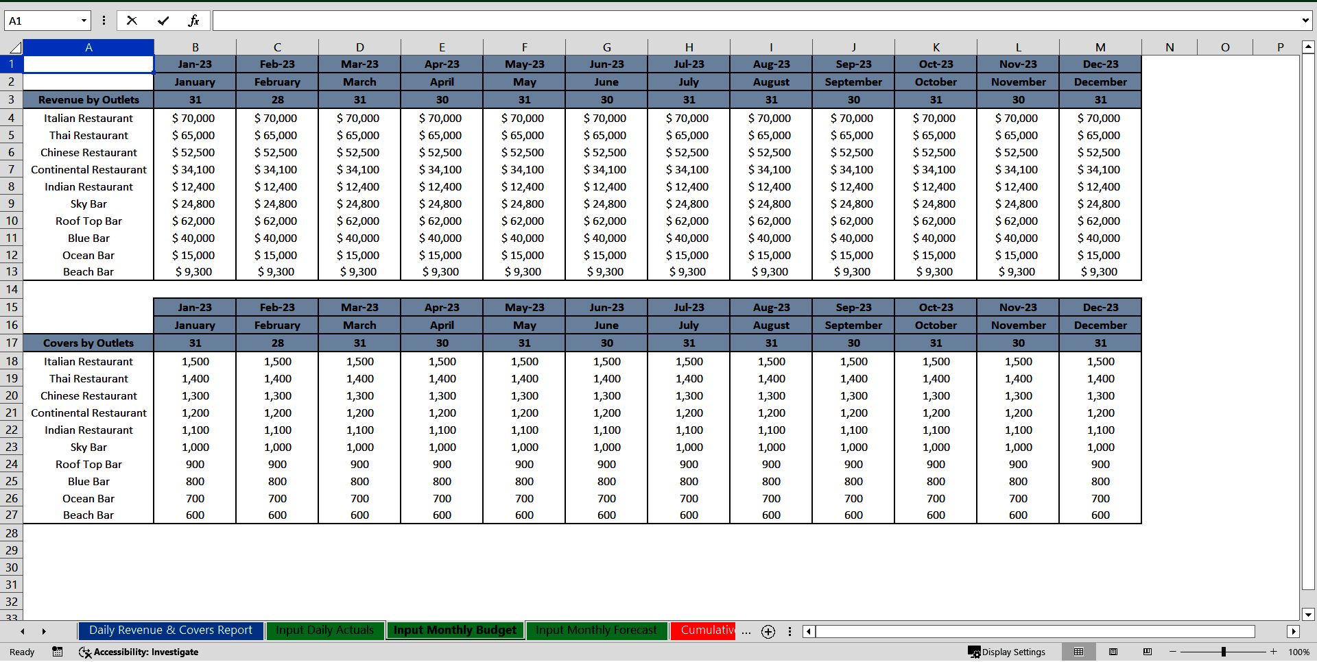 Restaurant & Bar Daily Revenue & Covers Report (Excel template (XLSX)) Preview Image