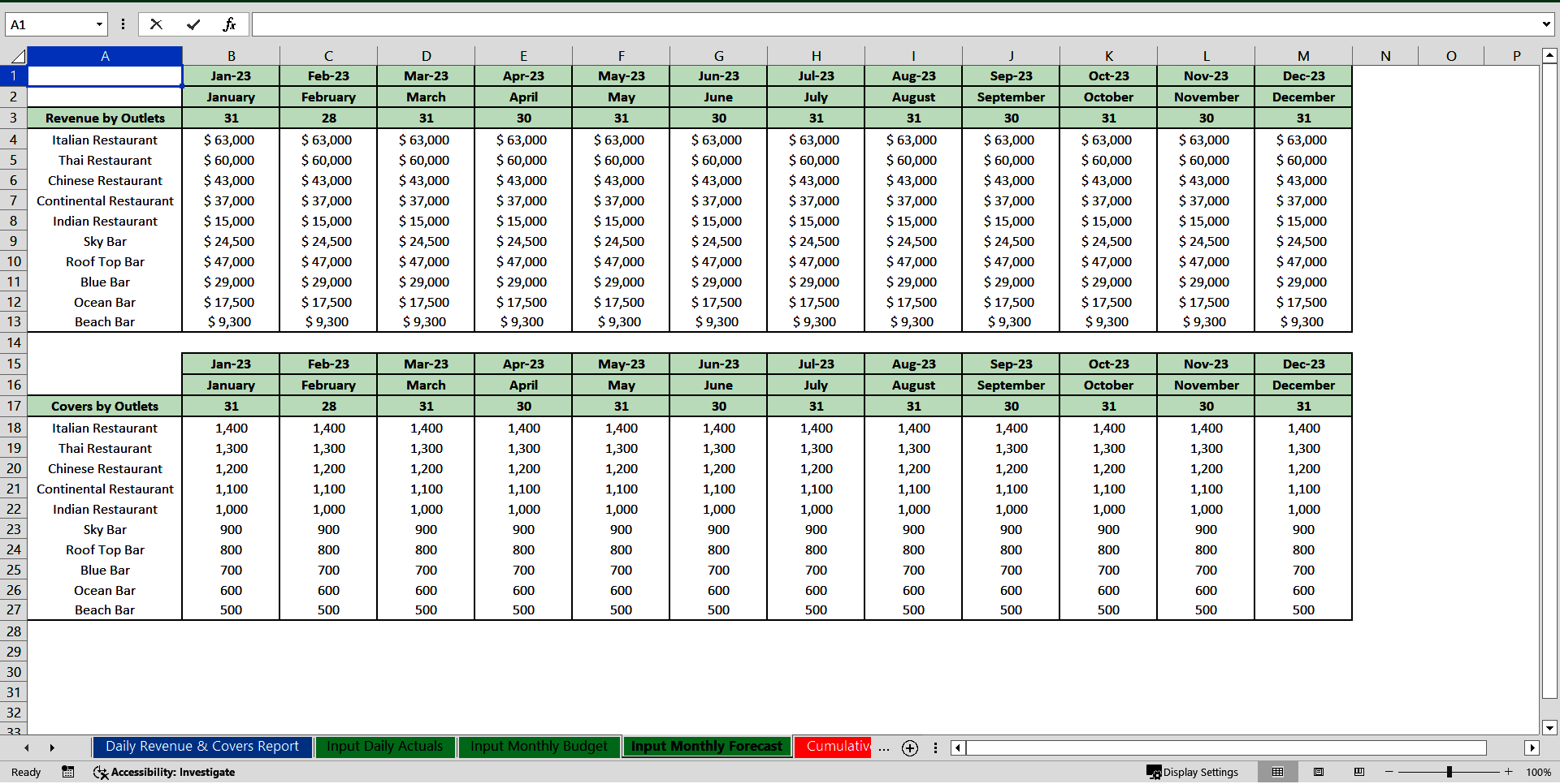Restaurant & Bar Daily Revenue & Covers Report (Excel template (XLSX)) Preview Image