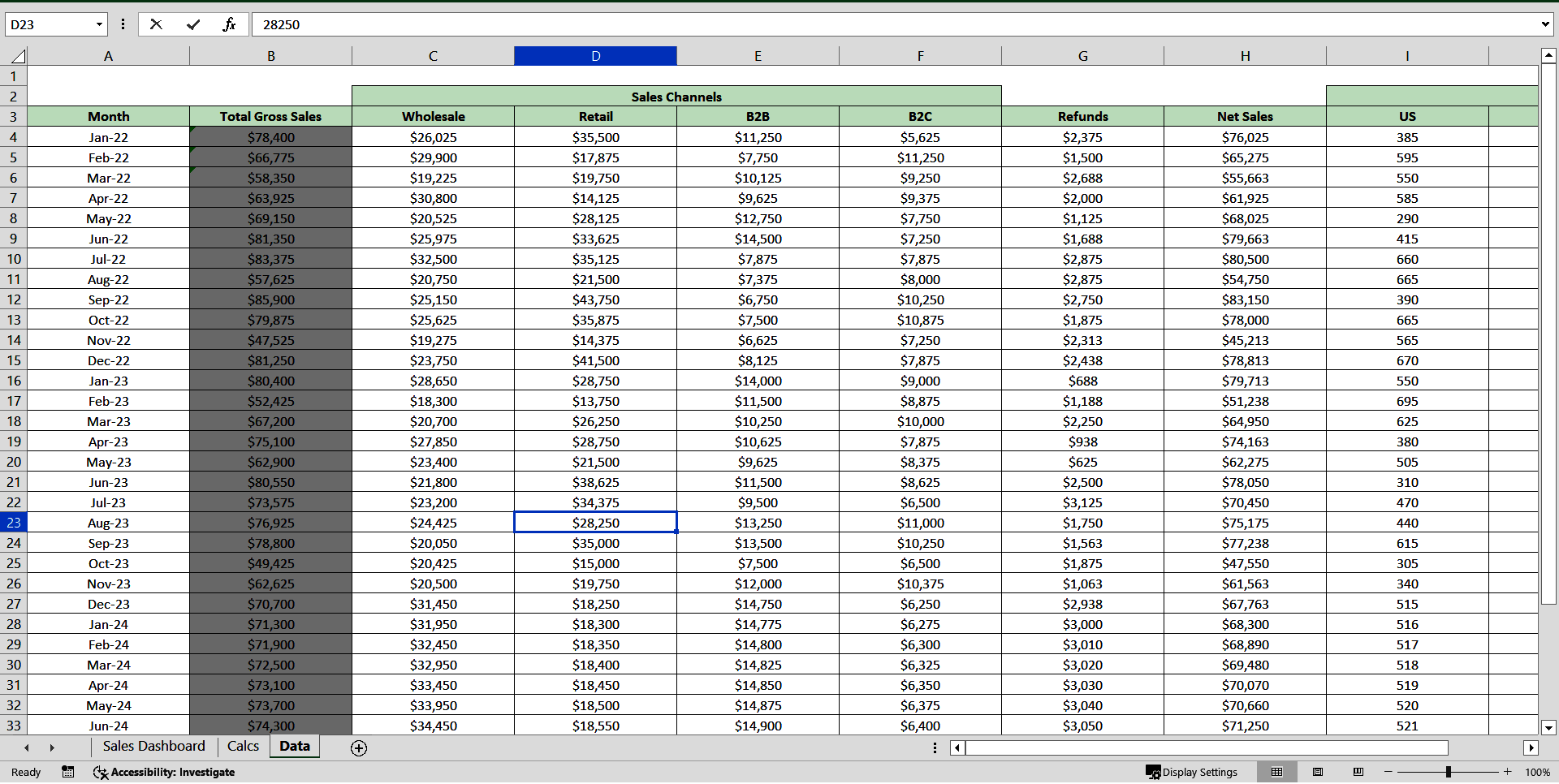Dynamic Sales / Revenue Dashboard (Excel template (XLSX)) Preview Image