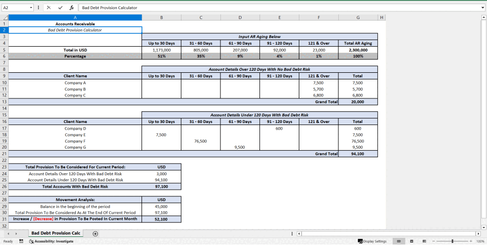 Bad Debt Provision Calc Template (Excel template (XLSX)) Preview Image