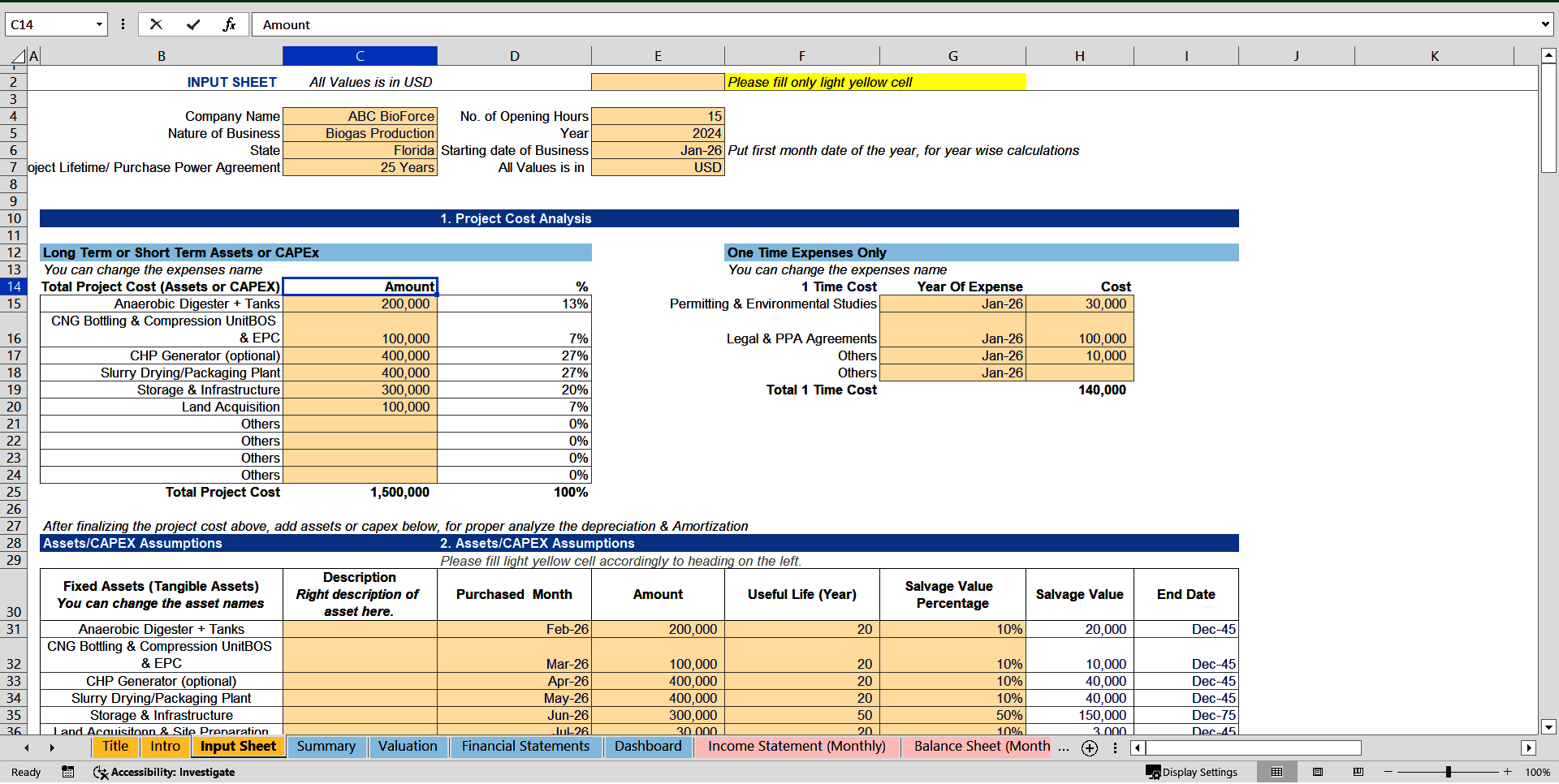 Waste-to-Energy Financial Model (Biogas) Excel Template (Excel template (XLSX)) Preview Image