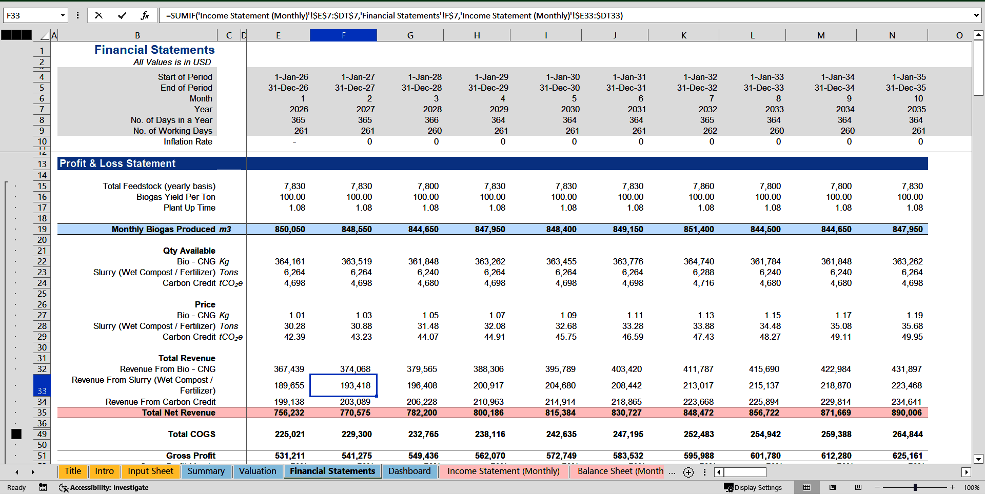 Waste-to-Energy Financial Model (Biogas) Excel Template (Excel template (XLSX)) Preview Image
