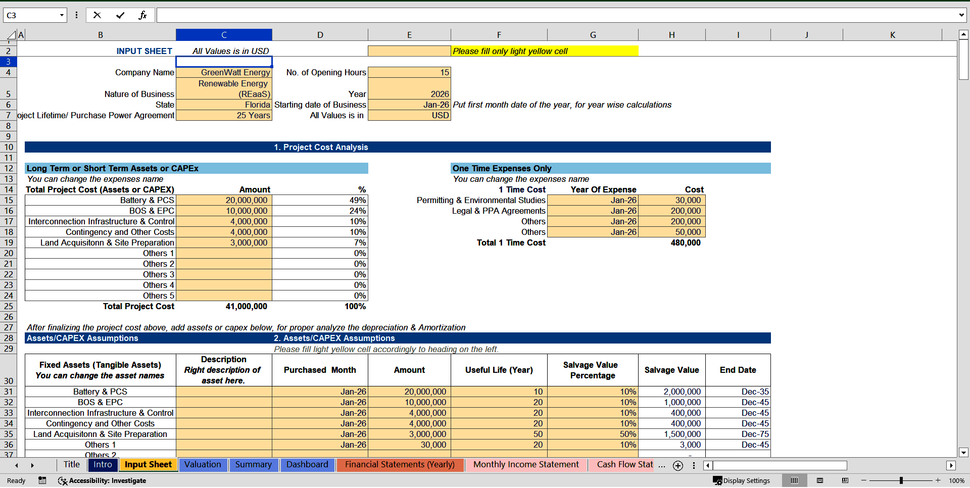 Renewable Energy Financial Model (Excel template (XLSX)) Preview Image