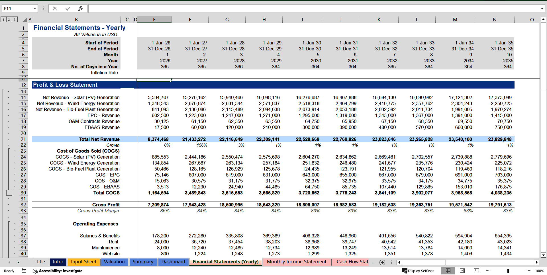 Renewable Energy Financial Model (Excel template (XLSX)) Preview Image