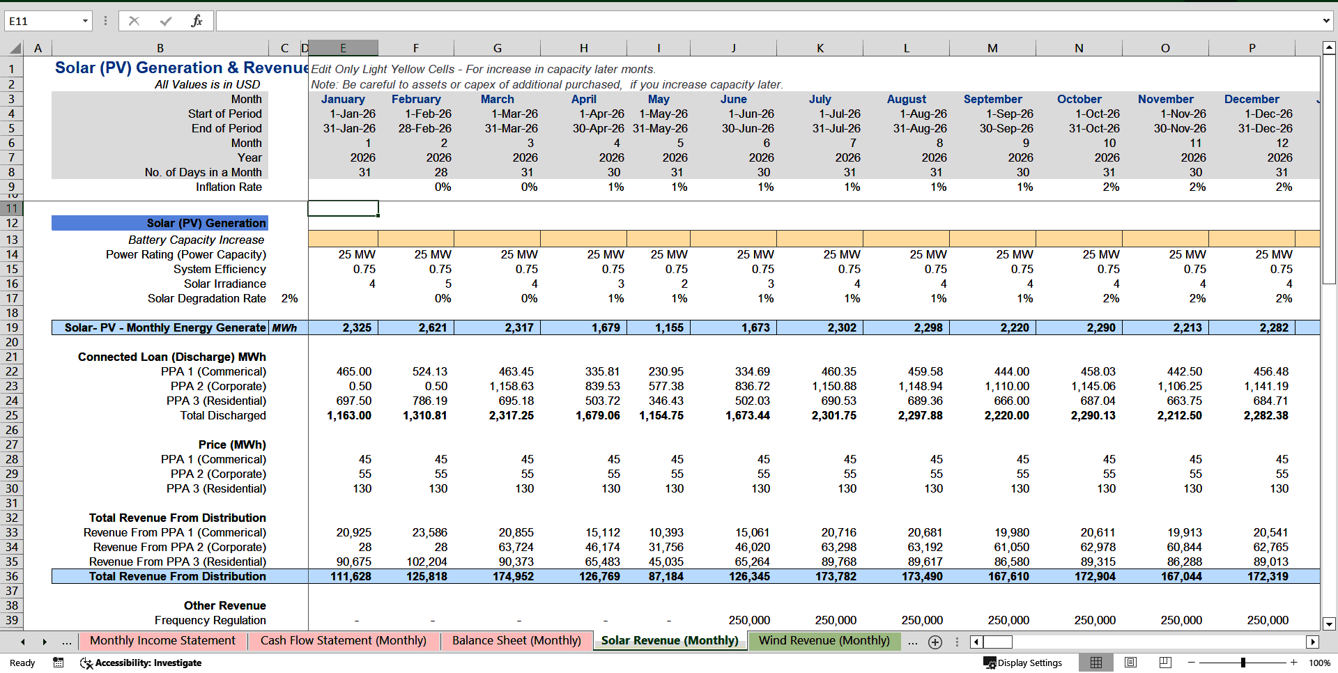 Renewable Energy Financial Model (Excel template (XLSX)) Preview Image