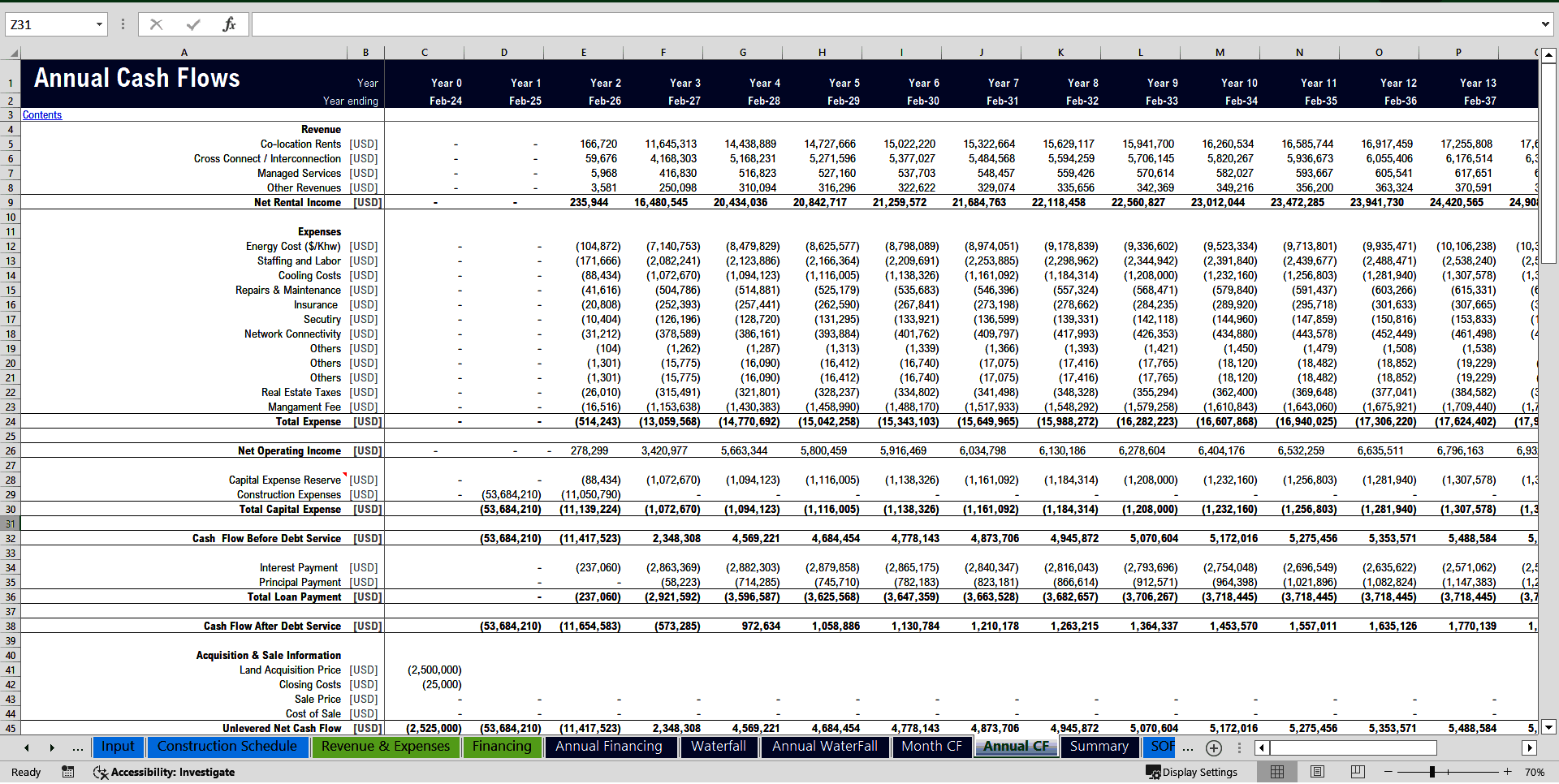 Data Center (Co-Location) Development Model Pro-forma - 20 Year (Excel template (XLSM)) Preview Image