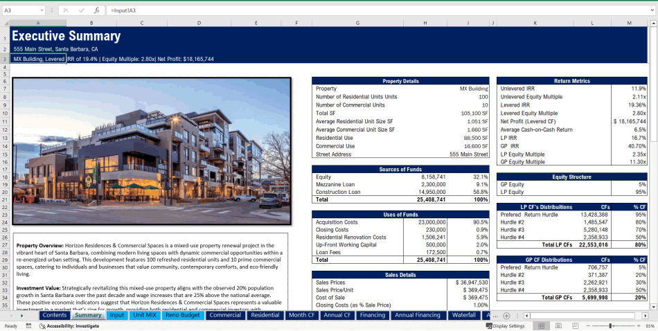 Real Estate | Mixed-Use Multifamily Acquisition (Excel template (XLSX)) Preview Image