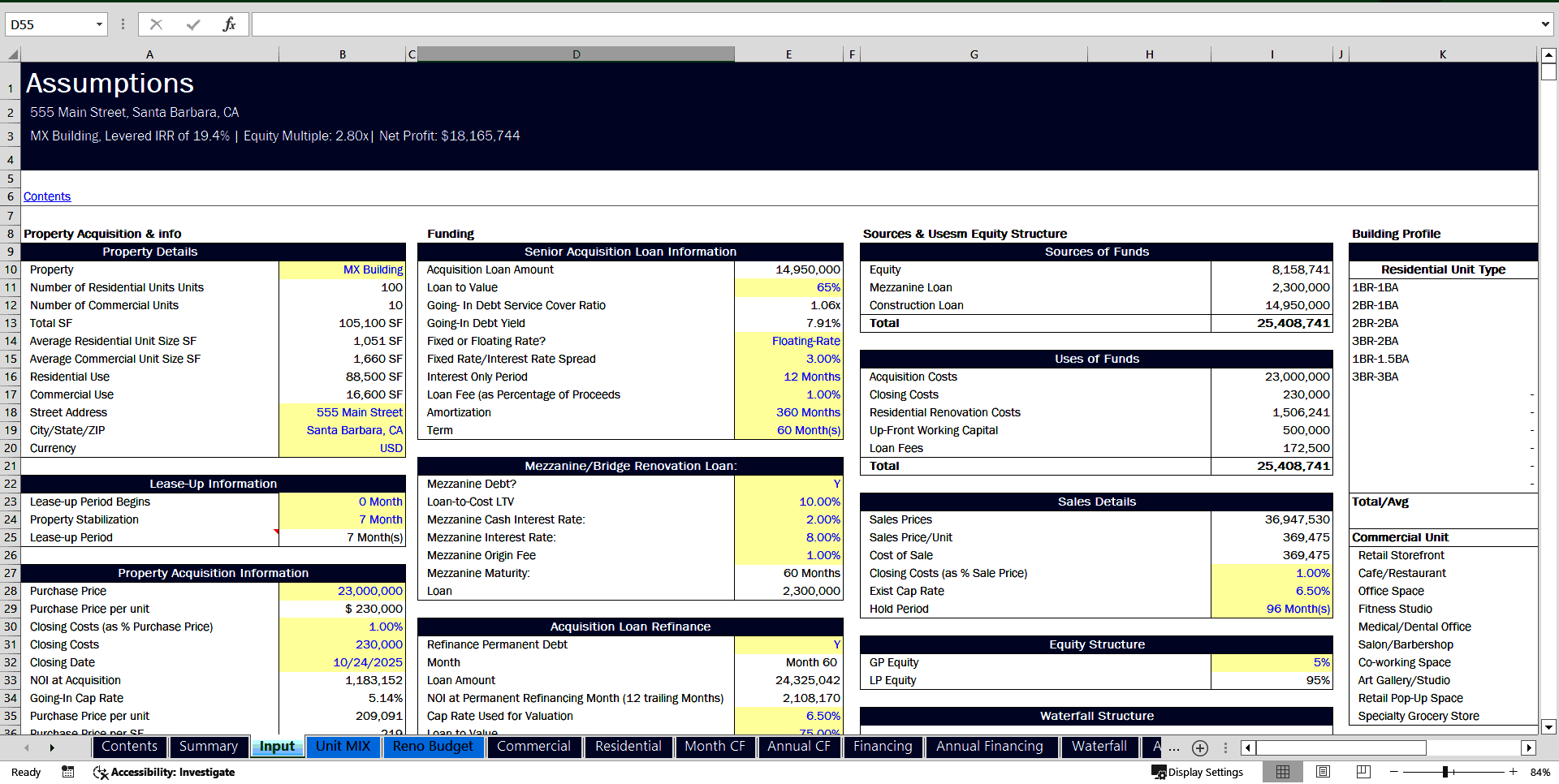 Real Estate | Mixed-Use Multifamily Acquisition (Excel template (XLSX)) Preview Image