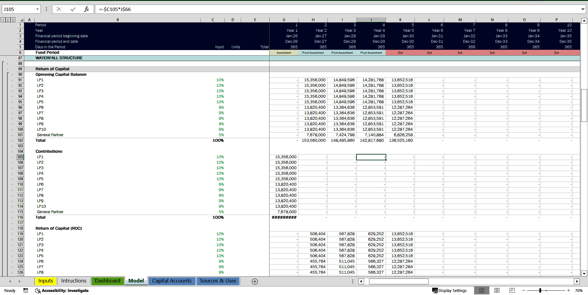 Single-Asset Private Equity Waterfall Model (Excel template (XLSX)) Preview Image