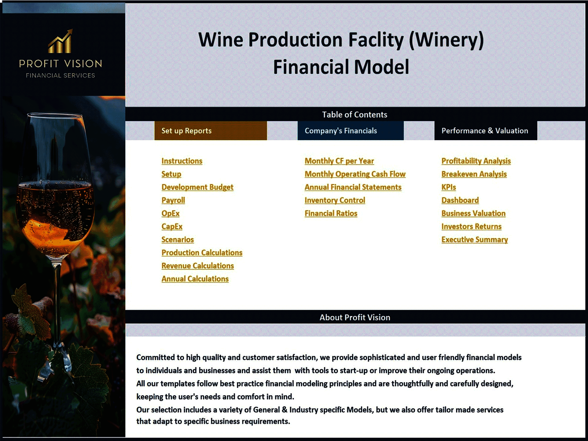 Wine Production Facility (Winery) – 10 Year Financial Model (Excel template (XLSX)) Preview Image