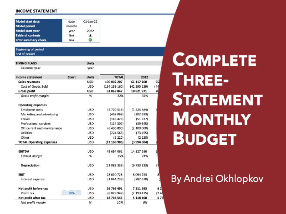 Complete Three-Statement Monthly Budget (for 3 Years) (Excel template (XLSX)) Preview Image